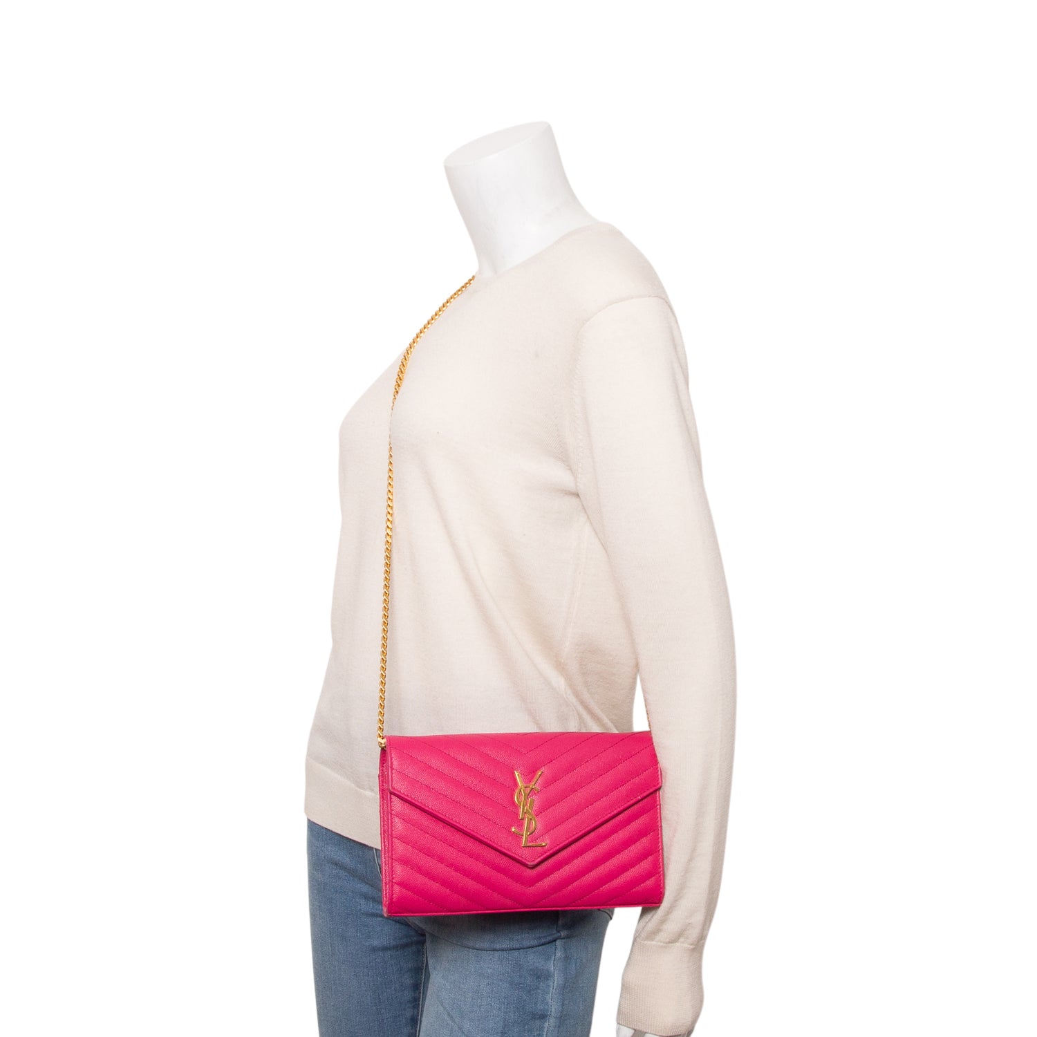Saint Laurent Pink Grain De Poudre Chevron Cassandre Envelope Chain Wallet