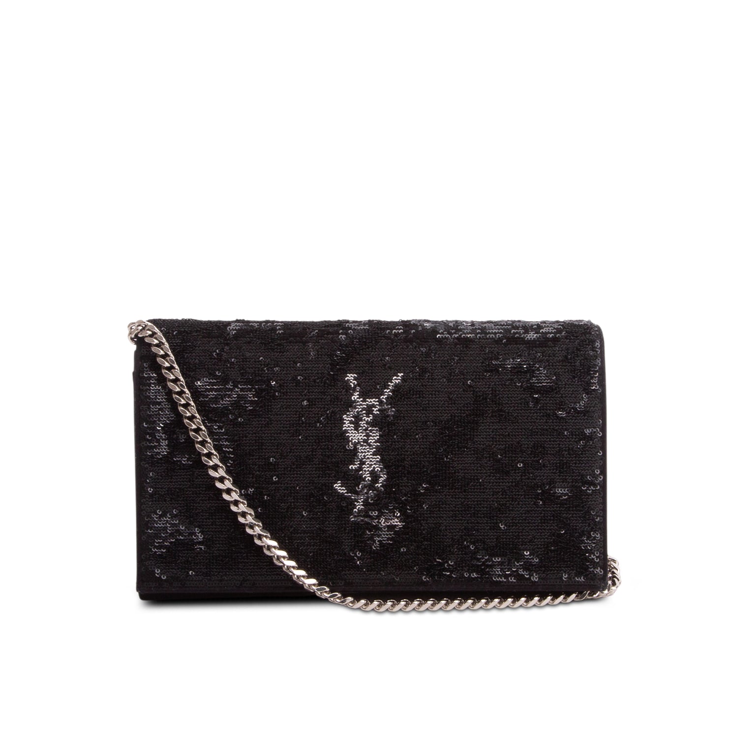 Saint Laurent Black Sequin Flip Monogram Chain Wallet