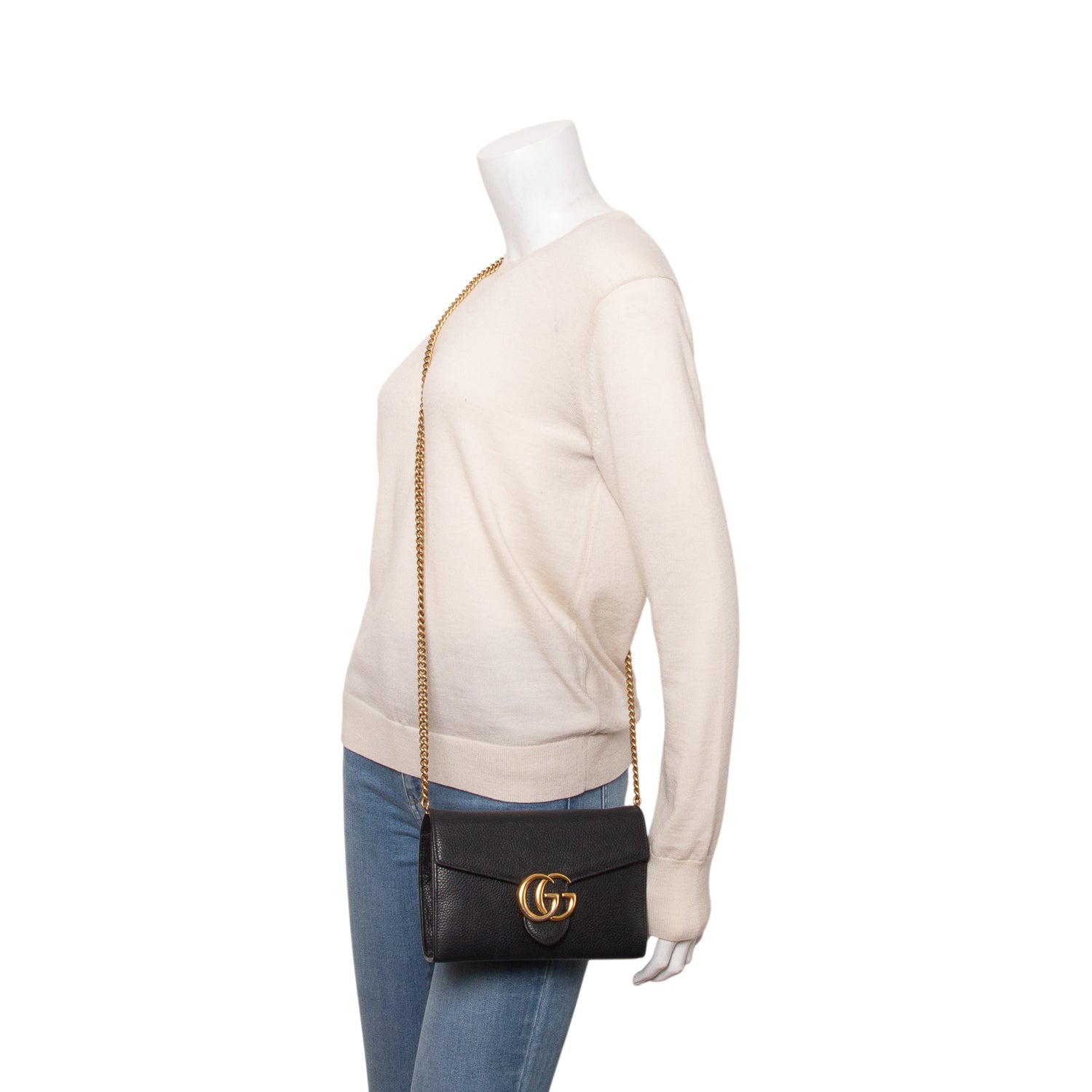 Gucci Black Calfskin GG Marmont Chain Wallet