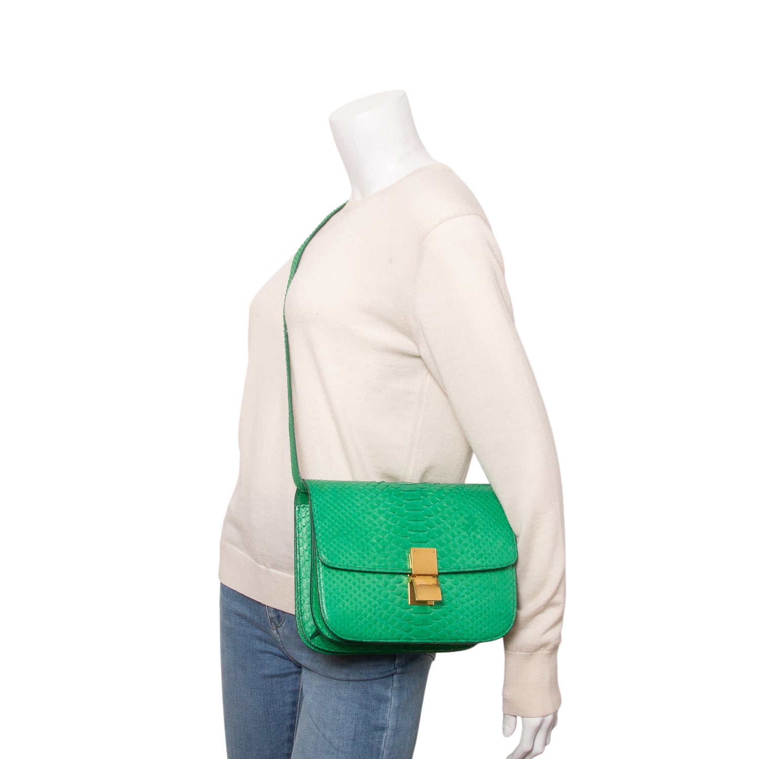 Celine Green Python Medium Classic Box Flap Bag