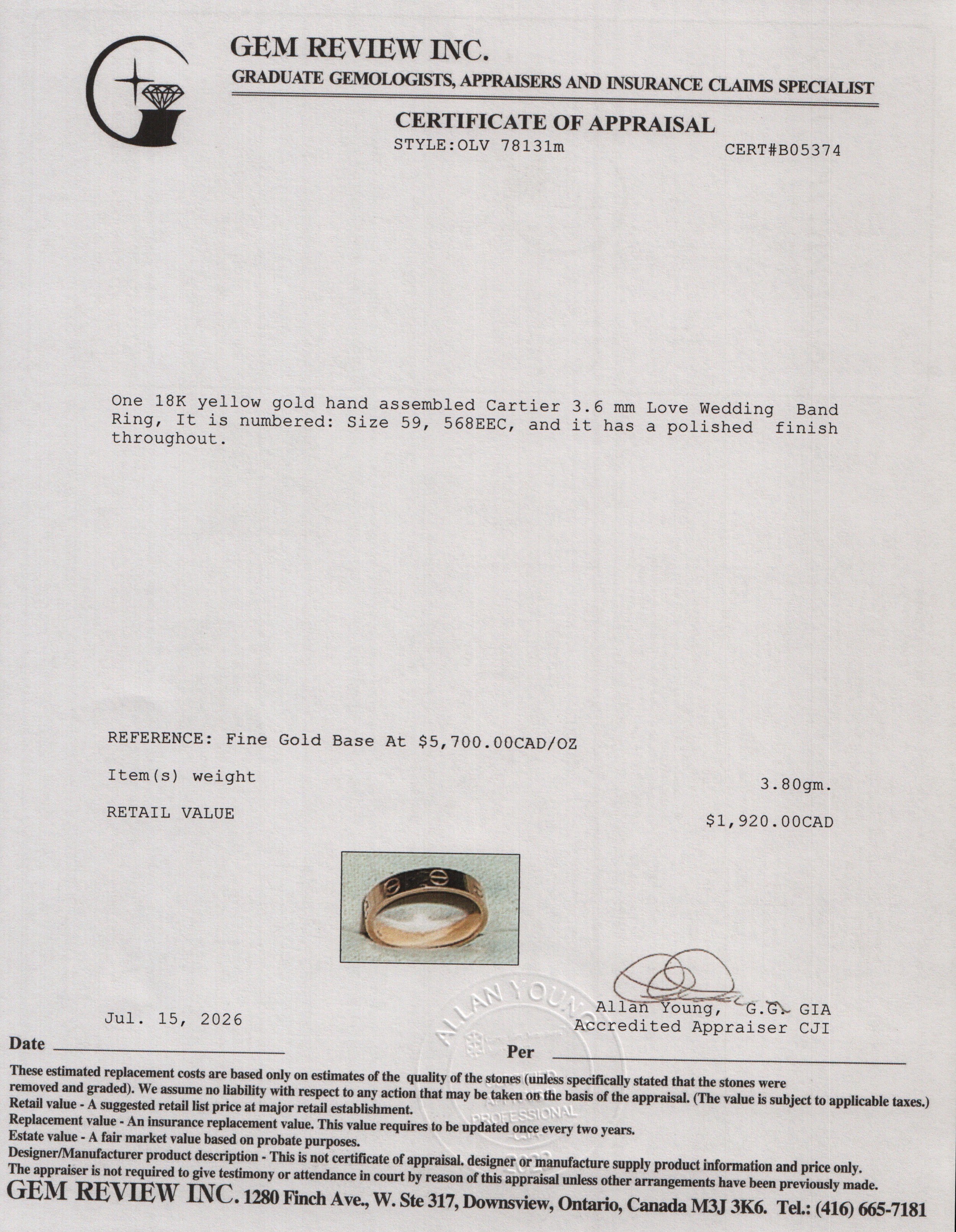 Cartier 2025 18k Yellow Gold 3.6 mm Love Wedding Band Ring, Size 59 8.75 w/ Certificate
