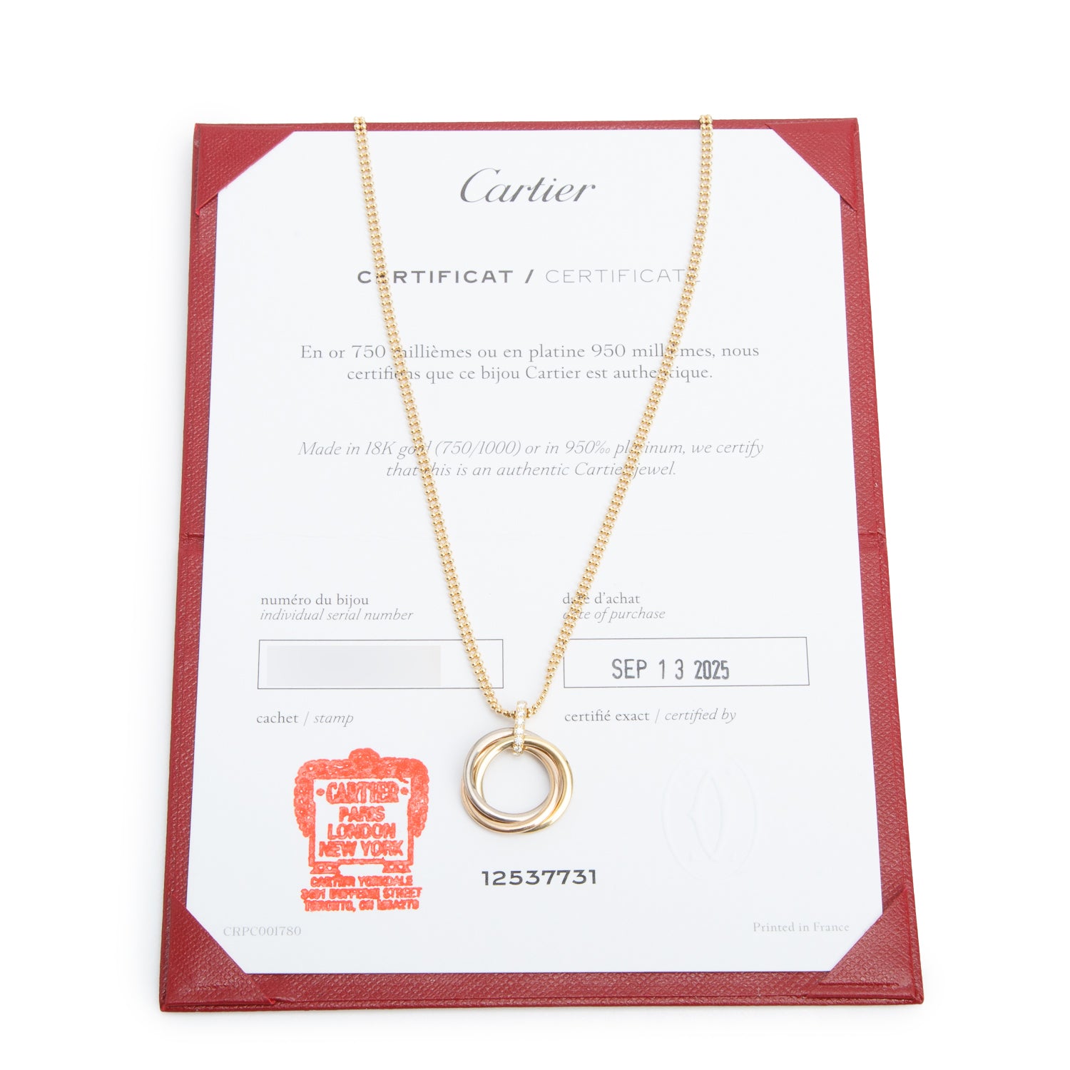 Cartier 2025 18k Yellow, White & Rose Gold Diamond Trinity Pendant Necklace, Medium Model w/ Receipt & Certificate