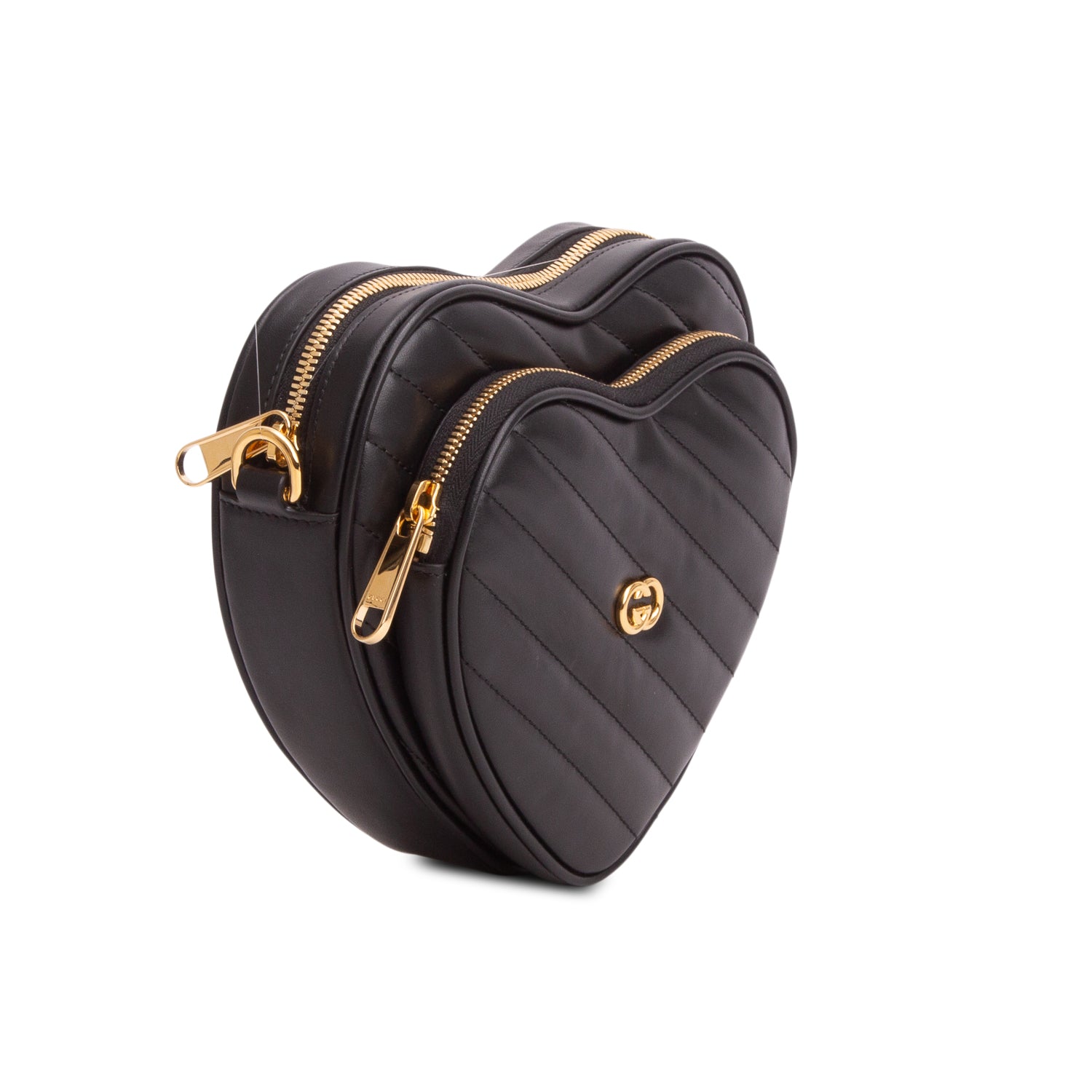 Gucci Black Calfskin Matelasse Diagonal Mini Interlocking G Heart Shoulder Bag