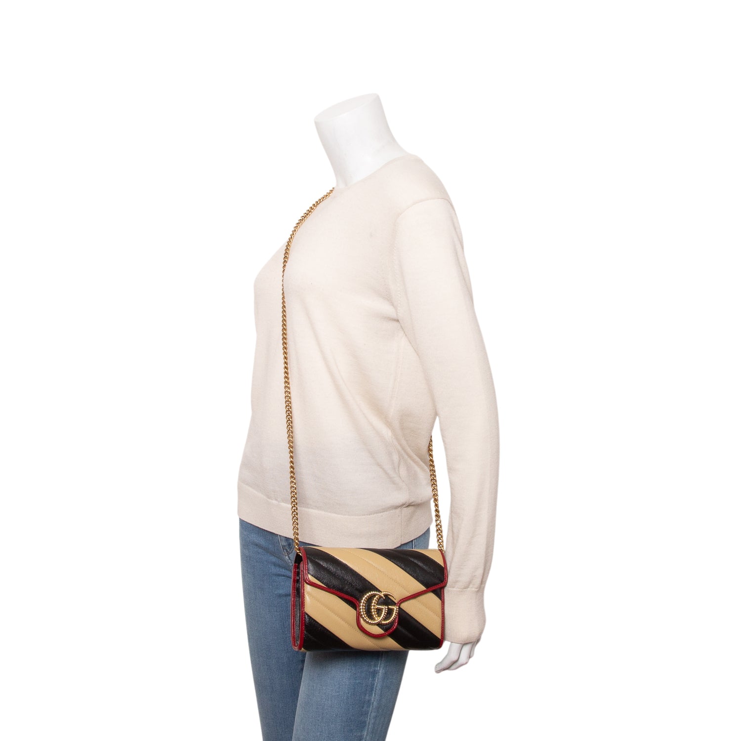 Gucci Beige/Black Leather GG Marmont Torchon Chain Wallet