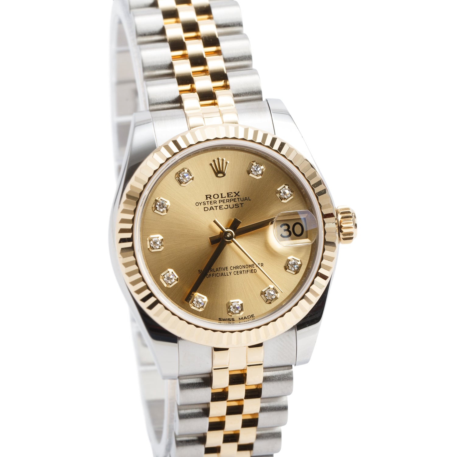 Rolex Stainless Steel & 18k Yellow Gold Datejust 31 MM Automatic Watch Champagne Diamond Dial 178273 w/ Box & Papers