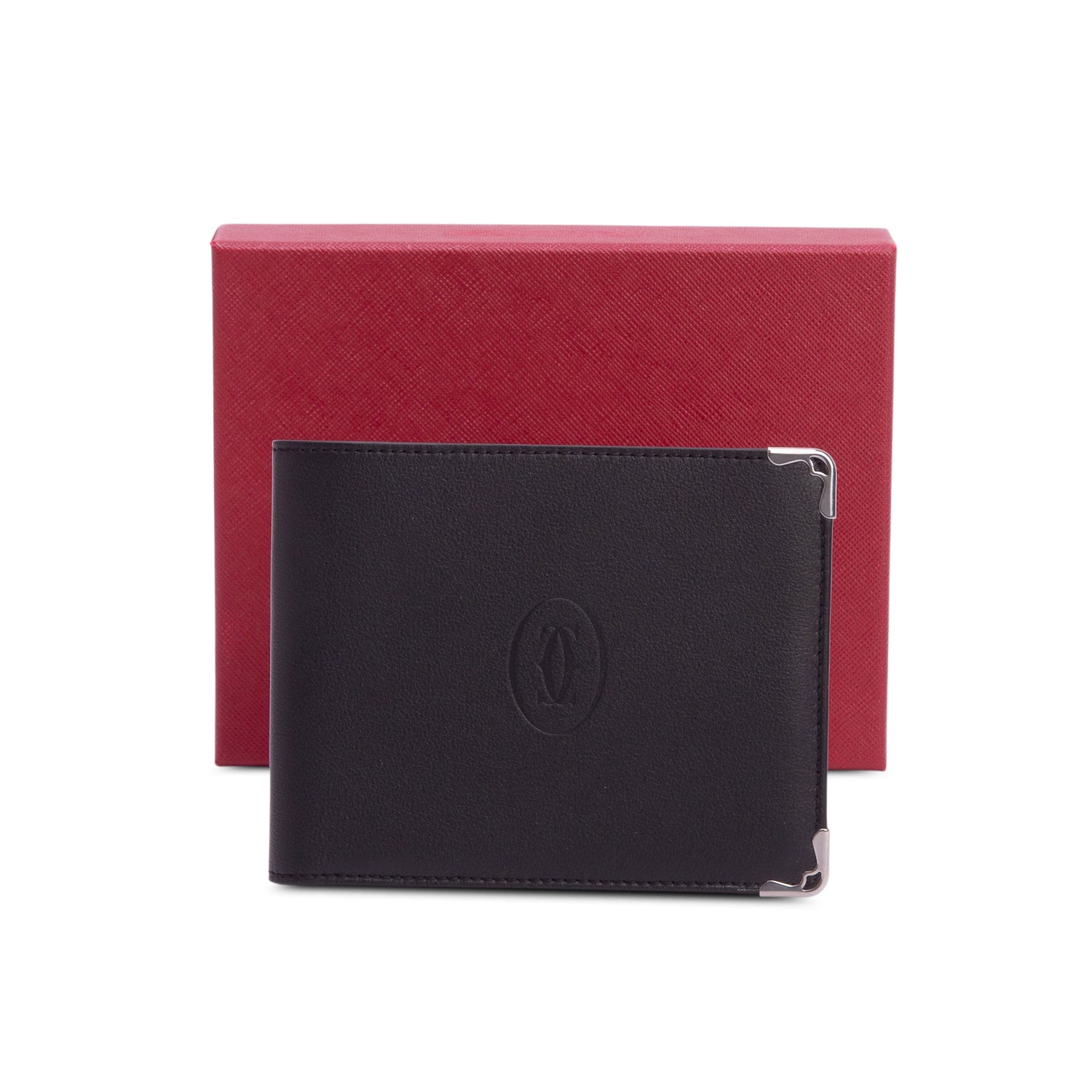Cartier Black Calfskin Leather Palladium Finish Must De Cartier Bifold Wallet w/ Box