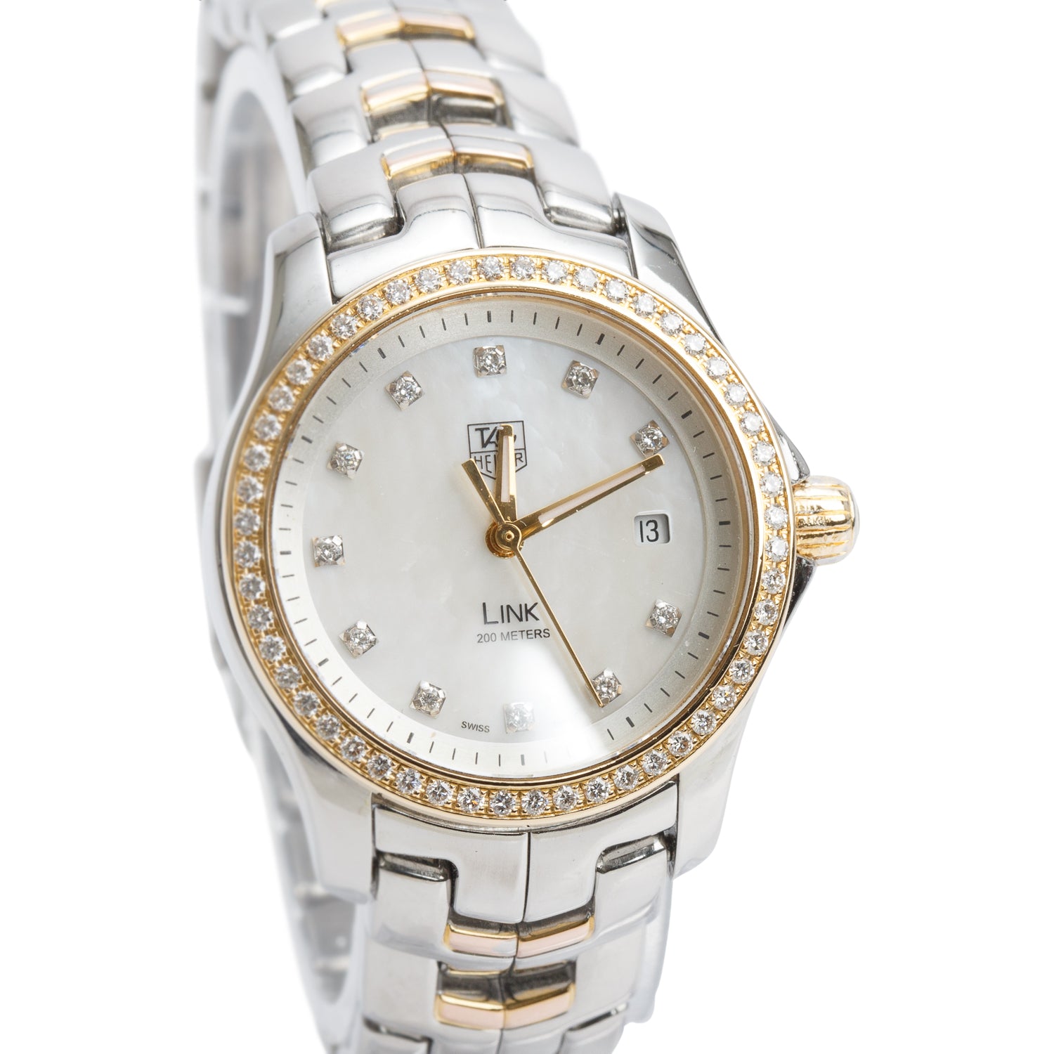 Tag Heuer Stainless Steel & 18k Yellow Gold Diamond Bezel Link 27 MM Quartz Watch Mother of Pearl Diamond Dial WJF1354