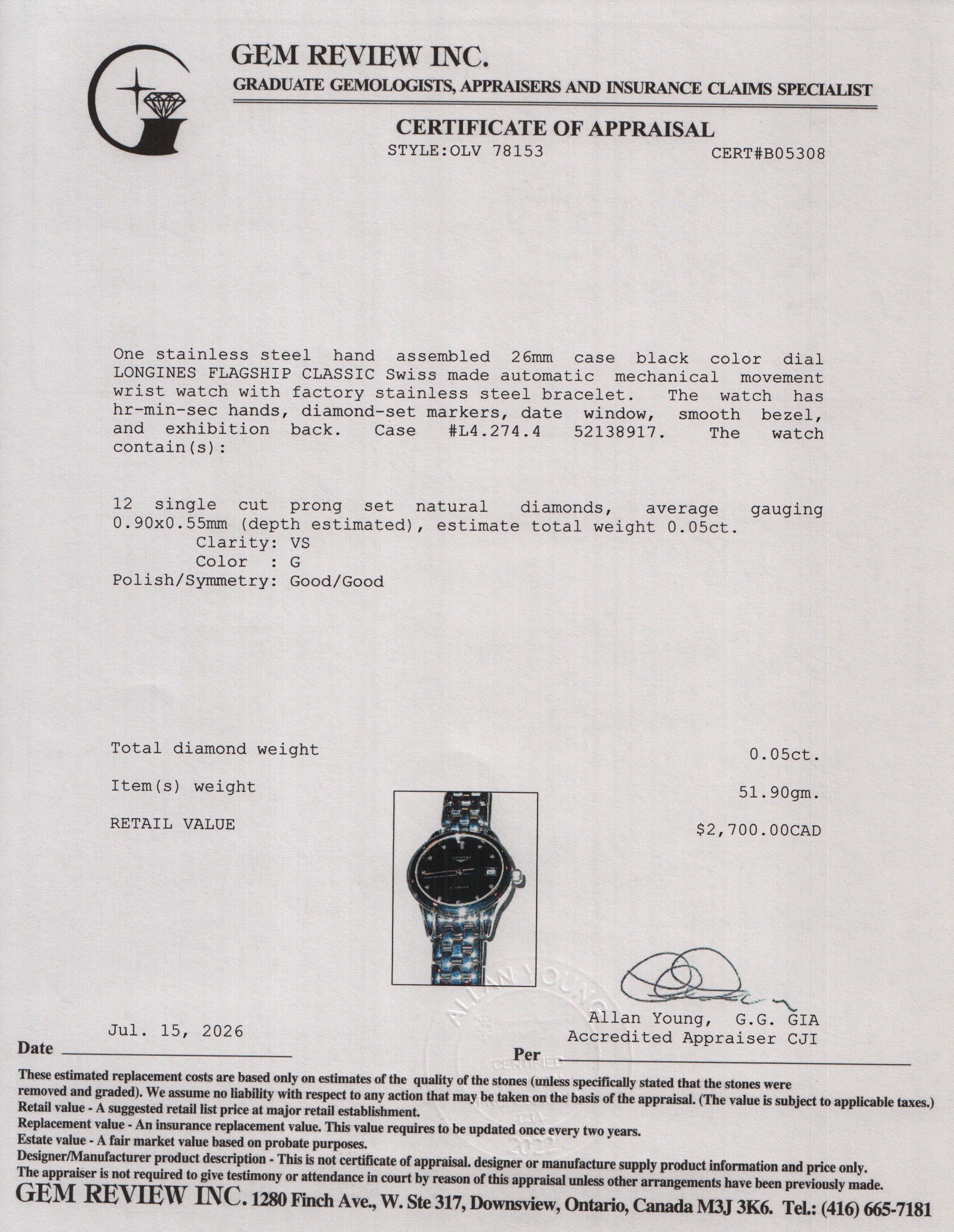 Longines 2022 Stainless Steel Flagship Classic 26 MM Automatic Watch Diamond Black Dial w/ Box & Papers