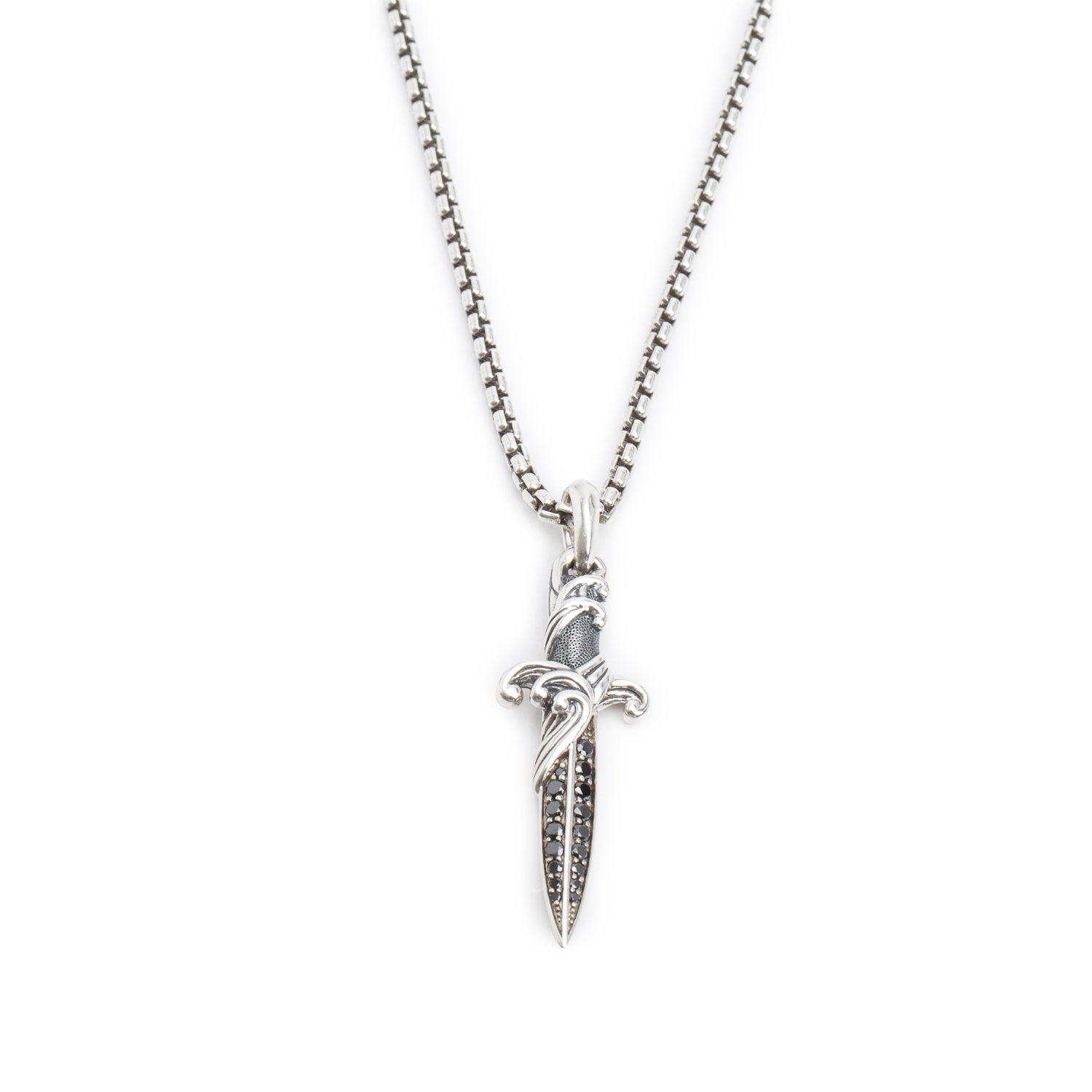 David Yurman Sterling Silver Black Diamond 44 MM Waves Dagger Amulet Necklace w/ Box