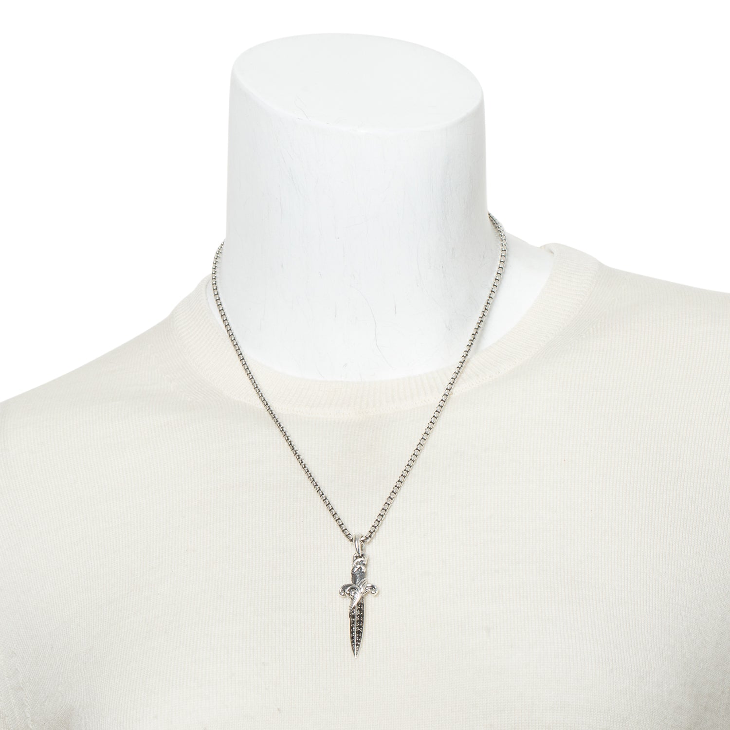 David Yurman Sterling Silver Black Diamond 44 MM Waves Dagger Amulet Necklace w/ Box