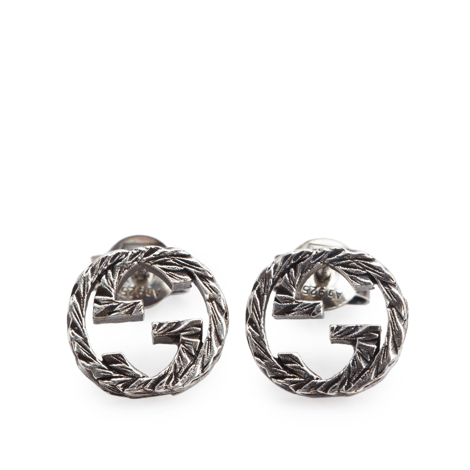 Gucci 2021 Sterling Silver Textured Interlocking G Stud Earrings w/ Box & Receipt