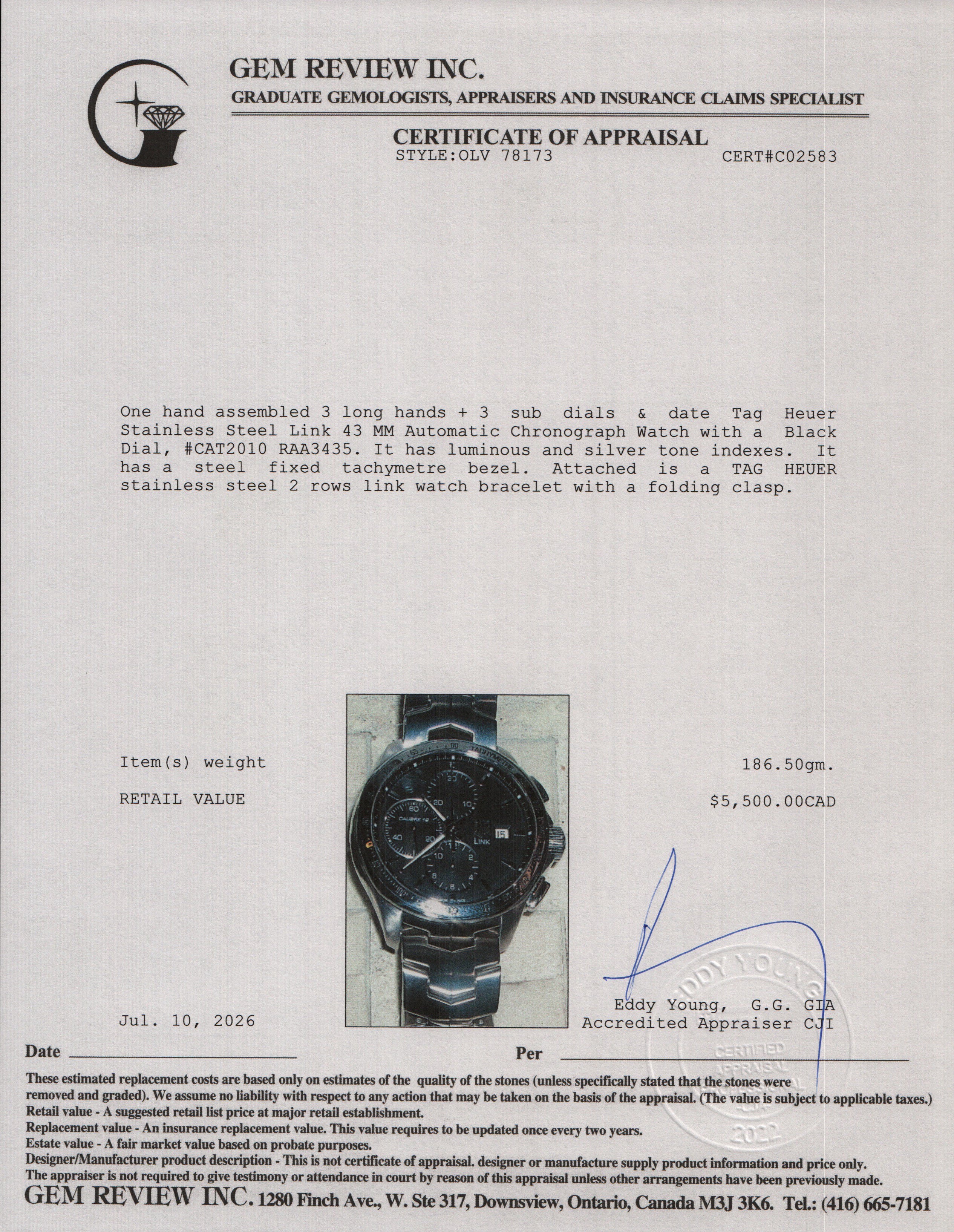 Tag Heuer Stainless Steel Link 43 MM Automatic Chronograph Watch Black Dial CAT2010