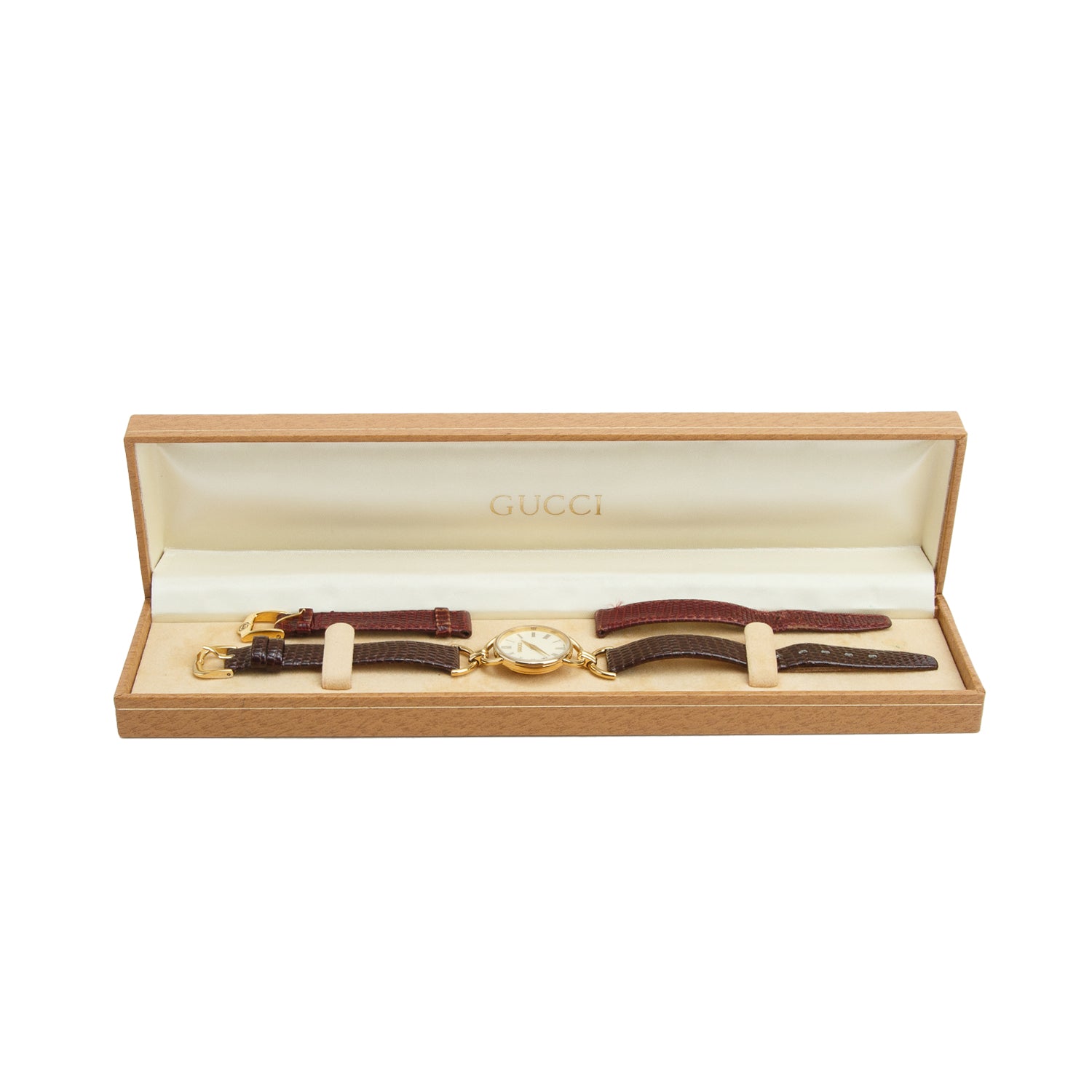 Gucci Gold-Plated Stainless Steel 6000 Series 23 MM Quartz Watch Creme Dial w/ Box & Extra Strap