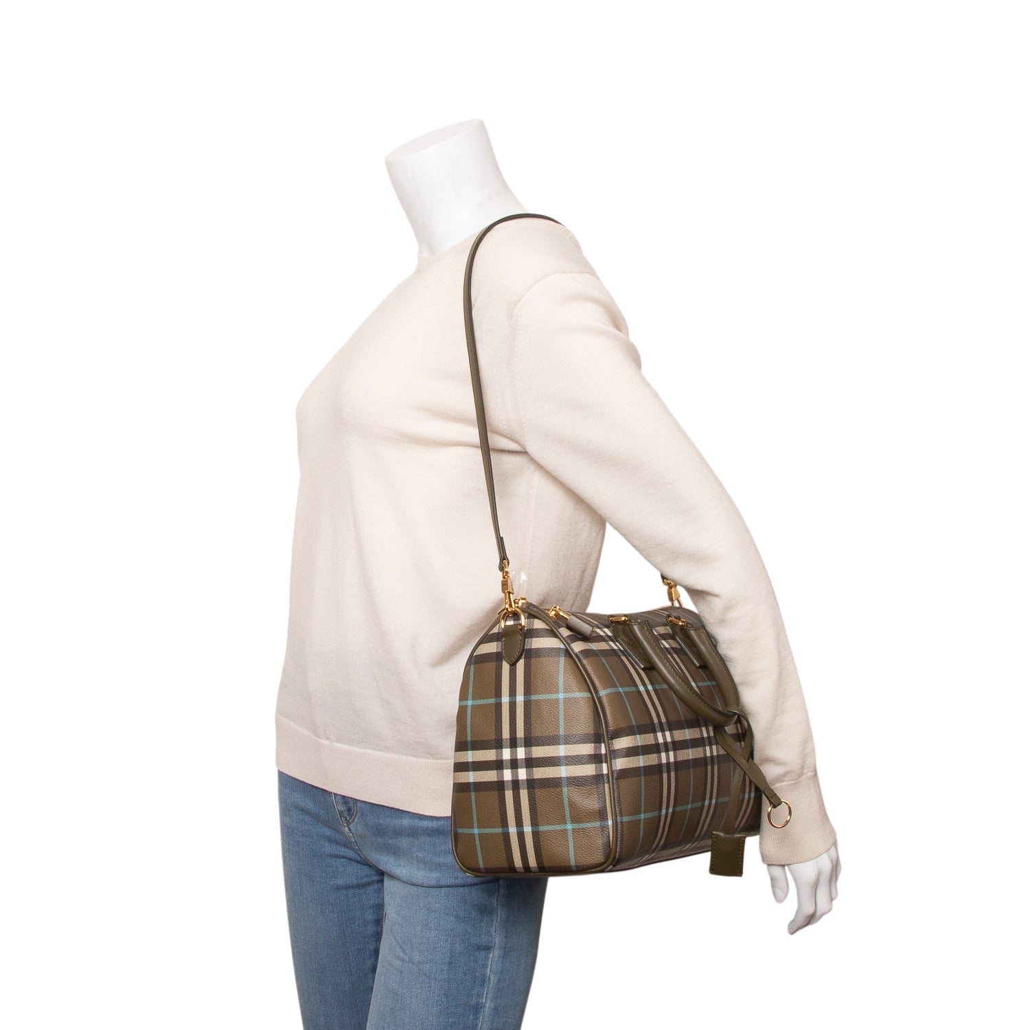 Burberry Green Vintage Check Medium Bowling Bag w/ Strap