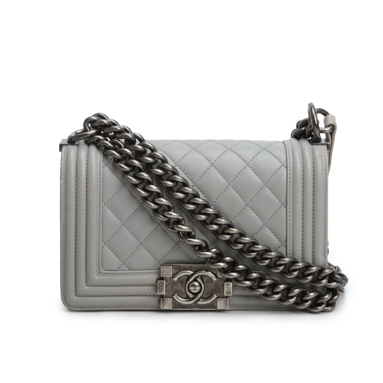 Chanel Grey Lambskin Quilted Small Boy Bag w/ Authenticity Card