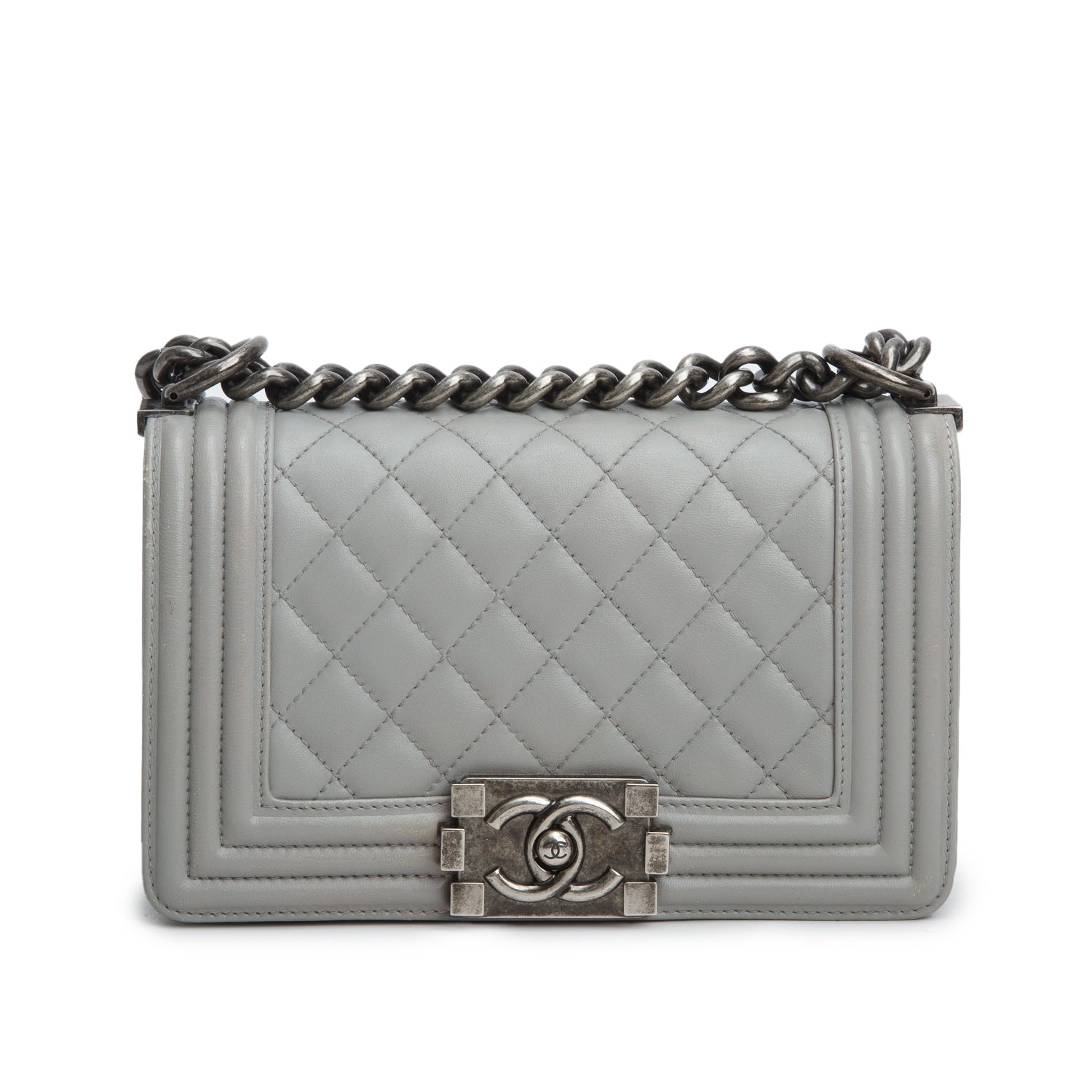 Chanel Grey Lambskin Quilted Small Boy Bag w/ Authenticity Card