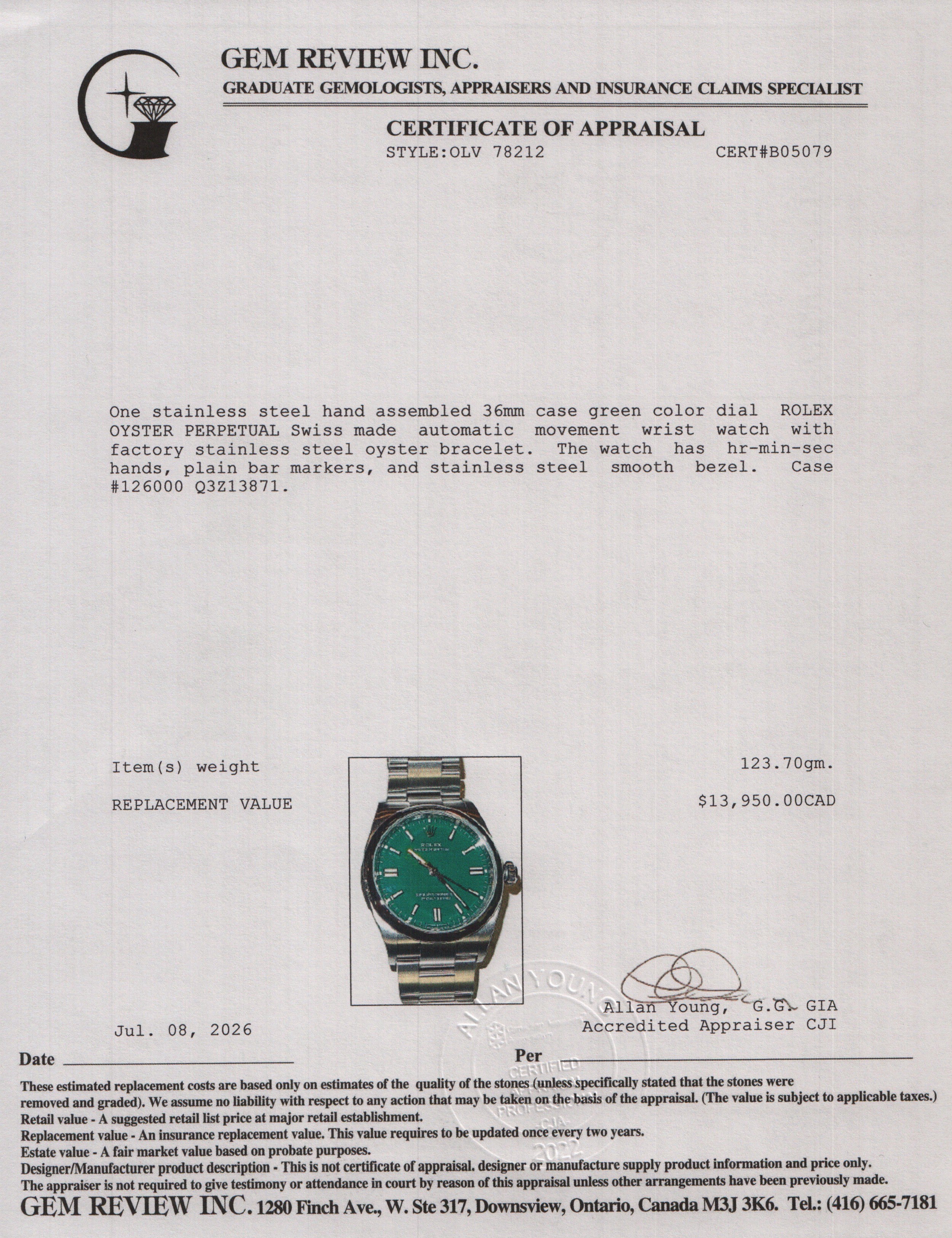 Rolex 2023 Stainless Steel Oyster Perpetual 36 MM Watch Green Dial 126000 w/ Papers