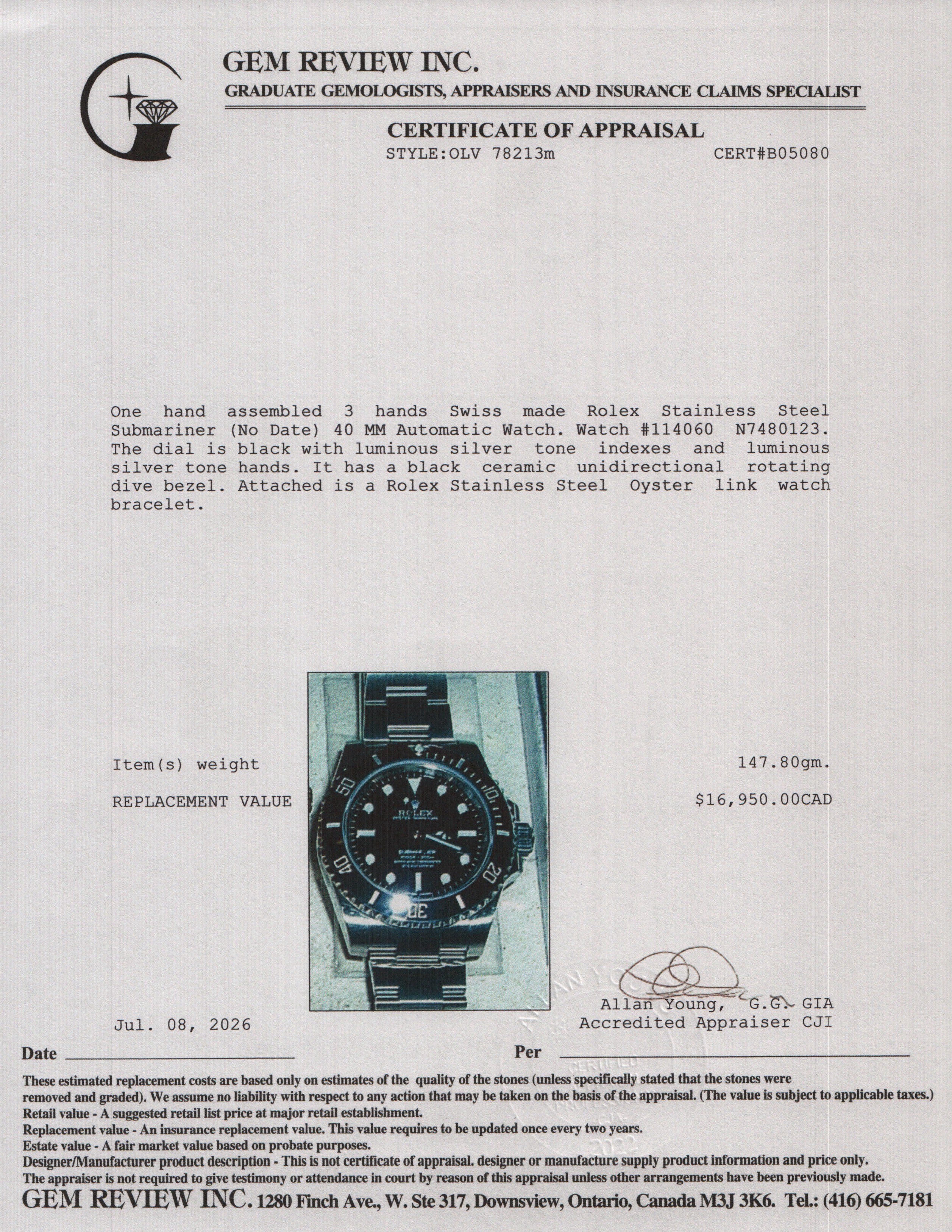 Rolex Stainless Steel Submariner (No Date) 40 MM Automatic Watch Black Dial 114060 w/ Box & Papers
