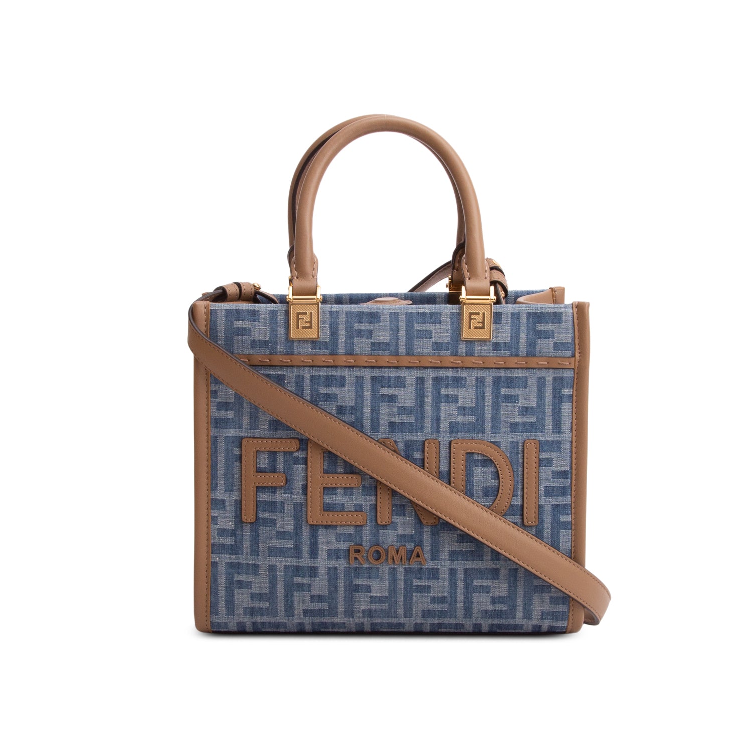 Fendi 2024 Blue Denim Jacquard FF 1974 Small Sunshine Shopper Tote w/ Box & Strap