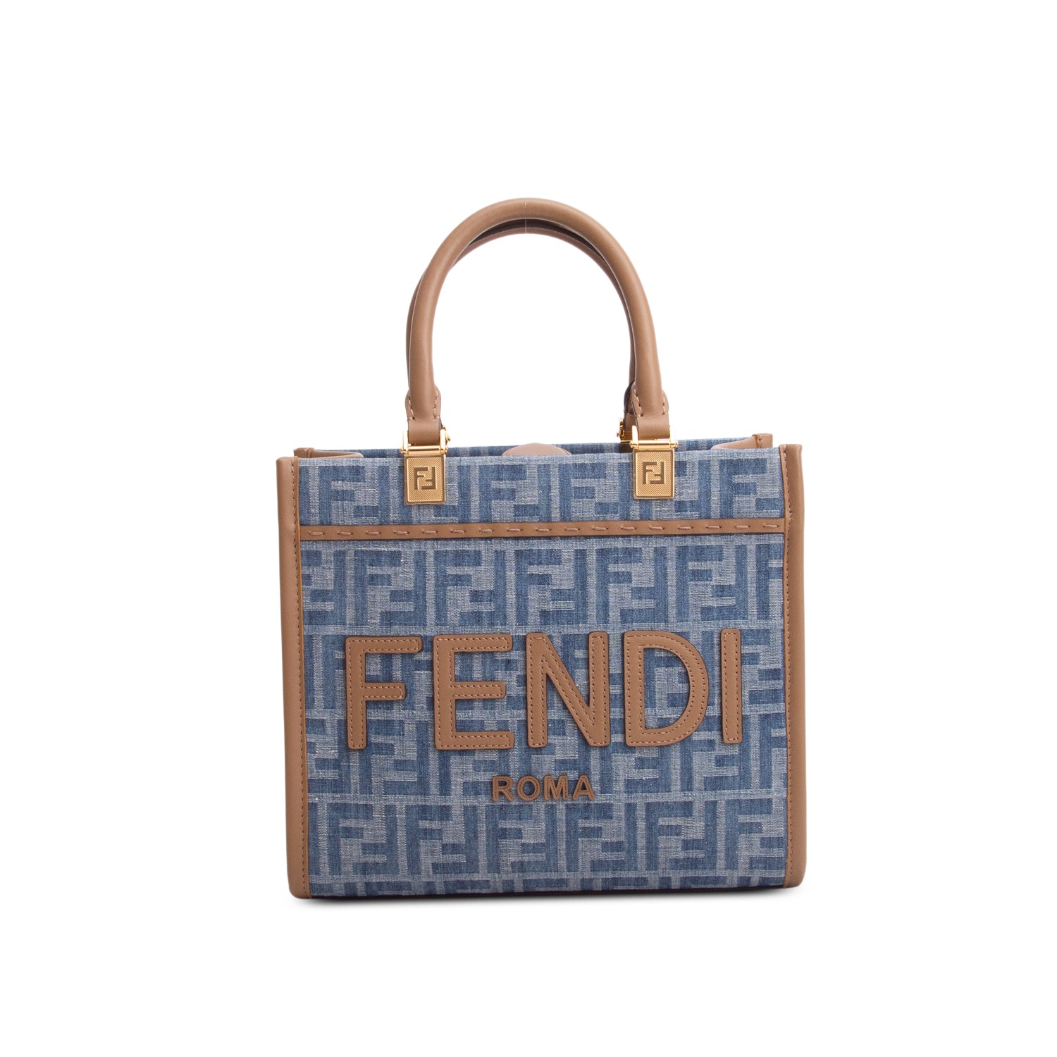 Fendi 2024 Blue Denim Jacquard FF 1974 Small Sunshine Shopper Tote w/ Box & Strap