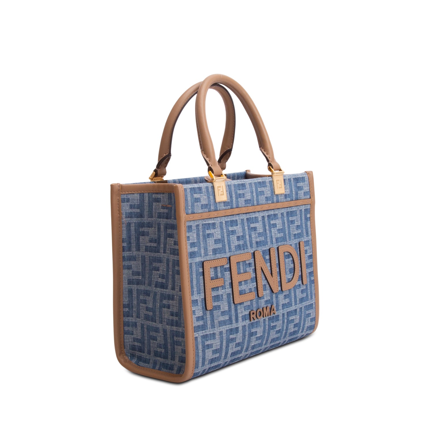 Fendi 2024 Blue Denim Jacquard FF 1974 Small Sunshine Shopper Tote w/ Box & Strap
