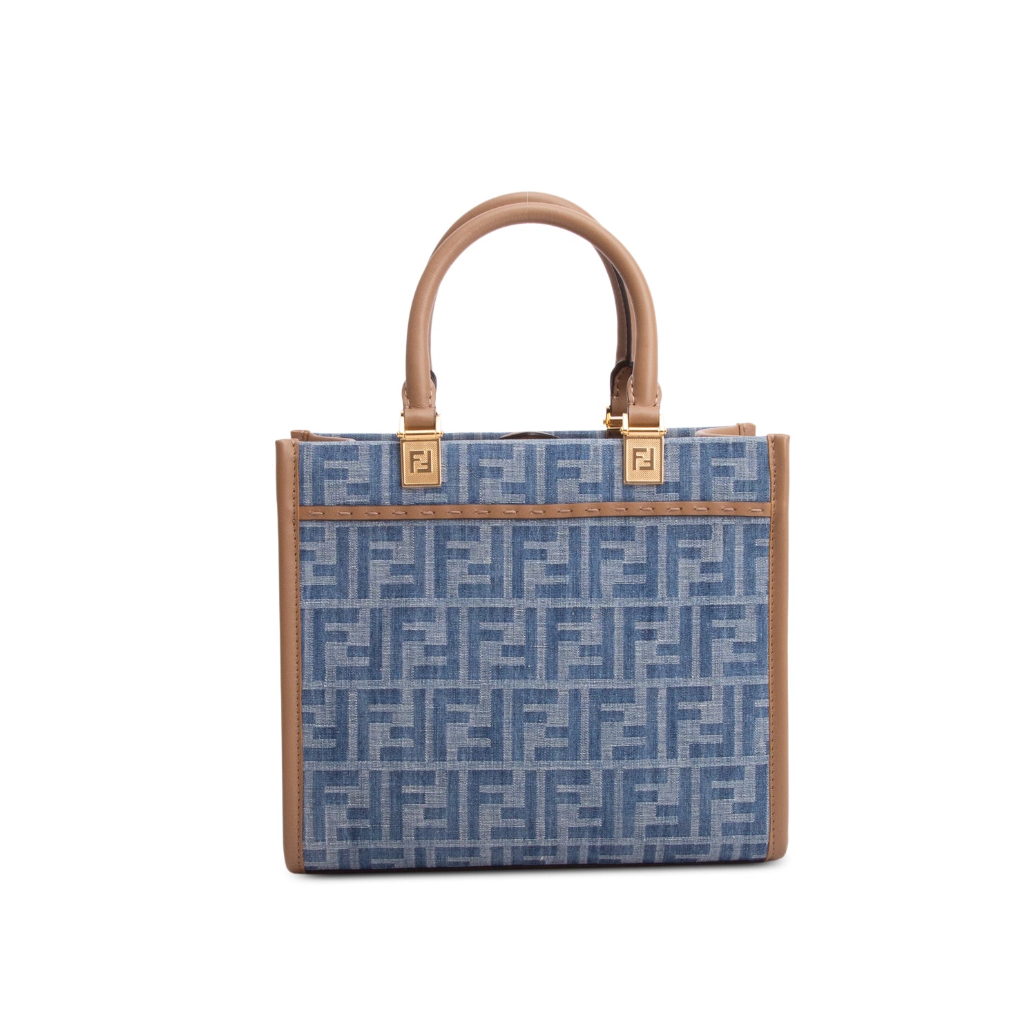 Fendi 2024 Blue Denim Jacquard FF 1974 Small Sunshine Shopper Tote w/ Box & Strap