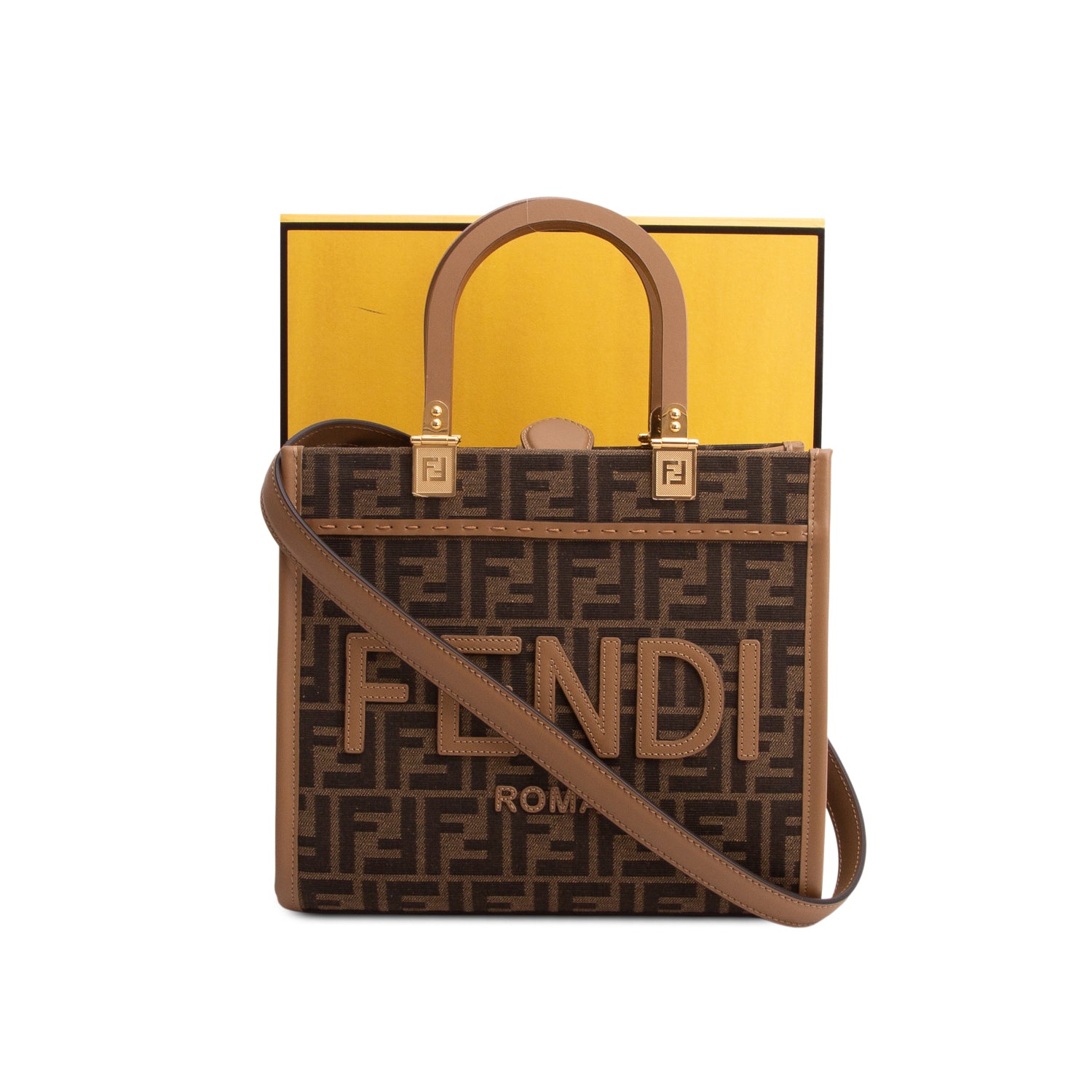 Fendi 2024 Brown Jacquard FF 1974 Logo Small Sunshine Shopper Tote w/ Box & Strap