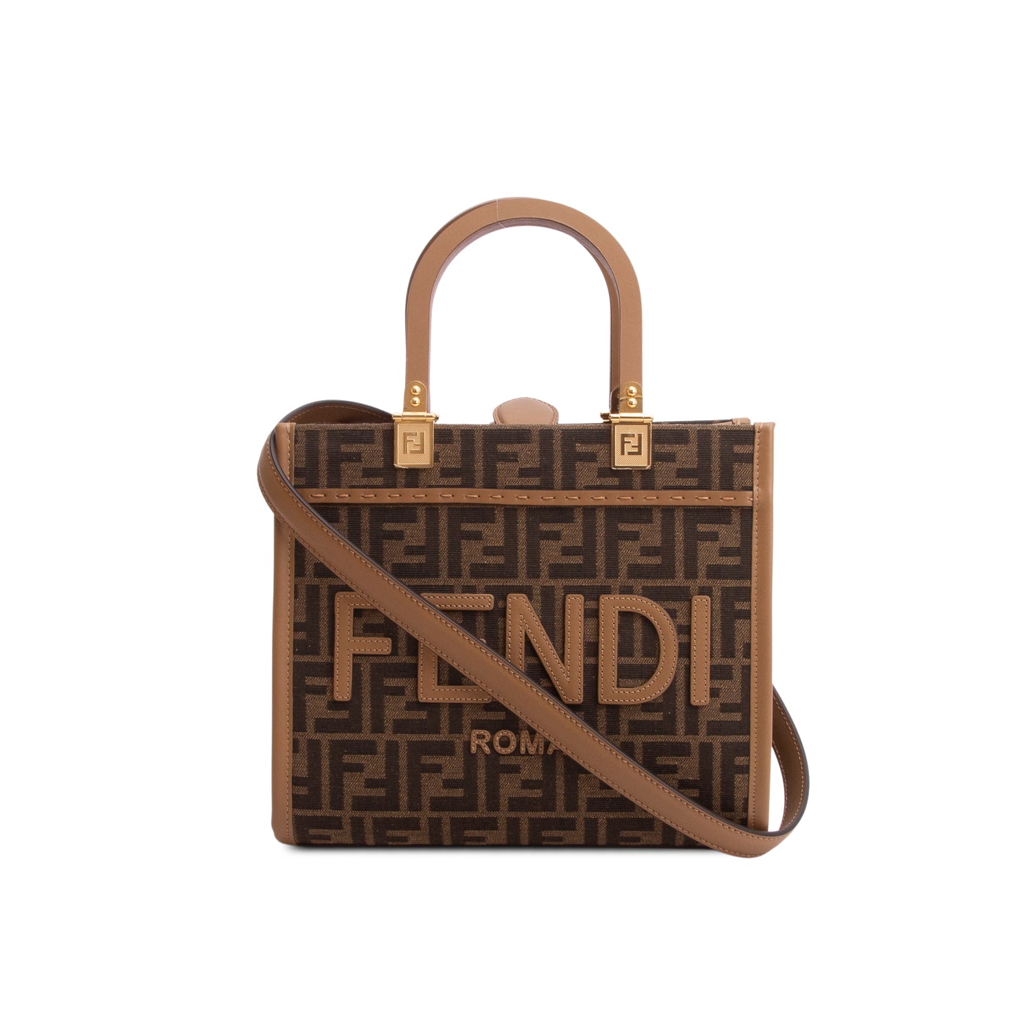 Fendi 2024 Brown Jacquard FF 1974 Logo Small Sunshine Shopper Tote w/ Box & Strap