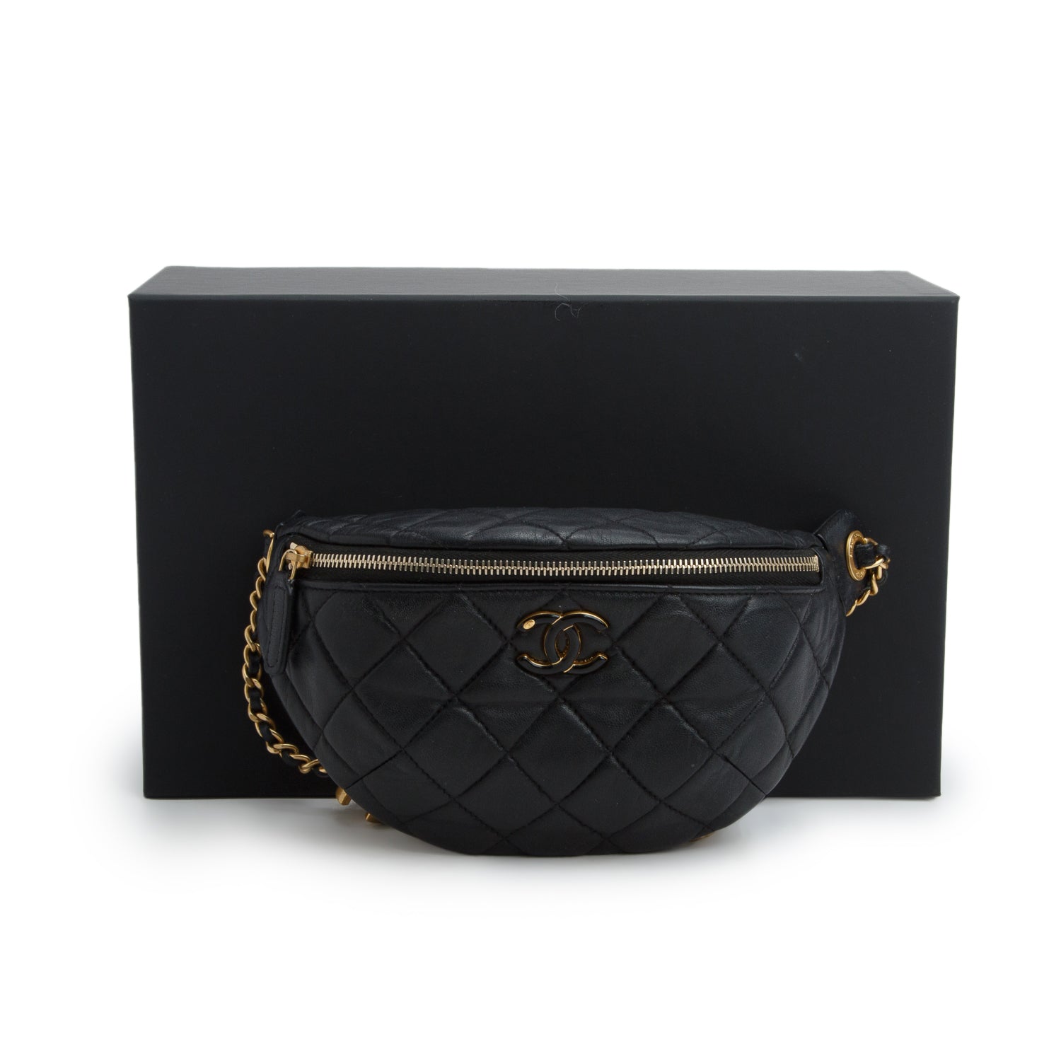 Chanel Black Lambskin Quilted Enamel Belt Bag w/ Box