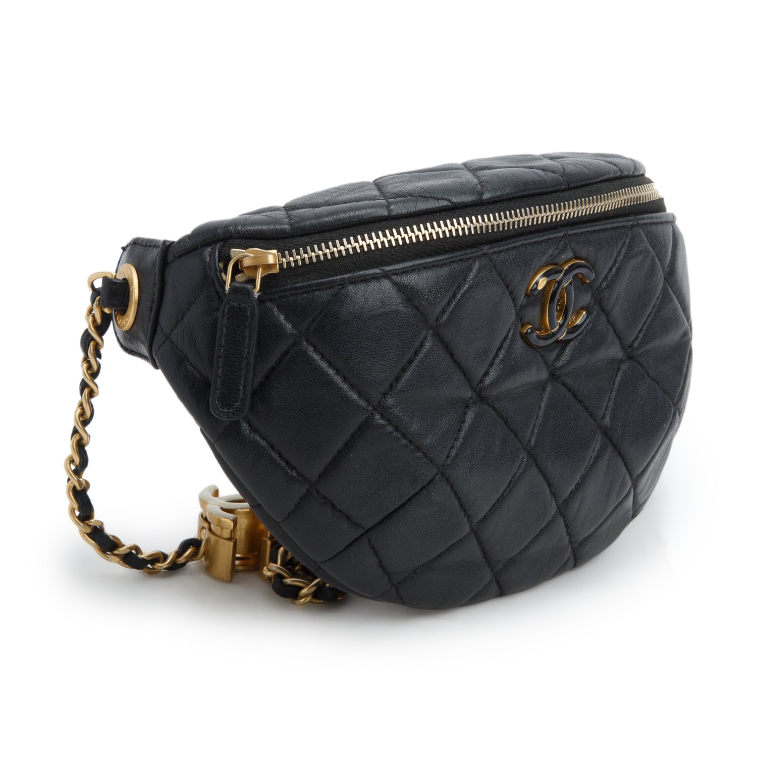 Chanel Black Lambskin Quilted Enamel Belt Bag w/ Box