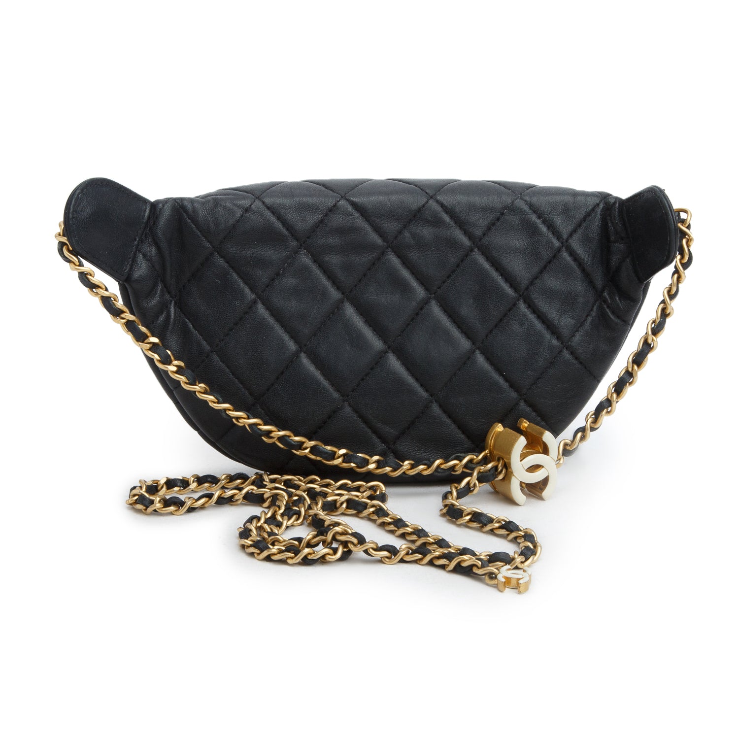 Chanel Black Lambskin Quilted Enamel Belt Bag w/ Box