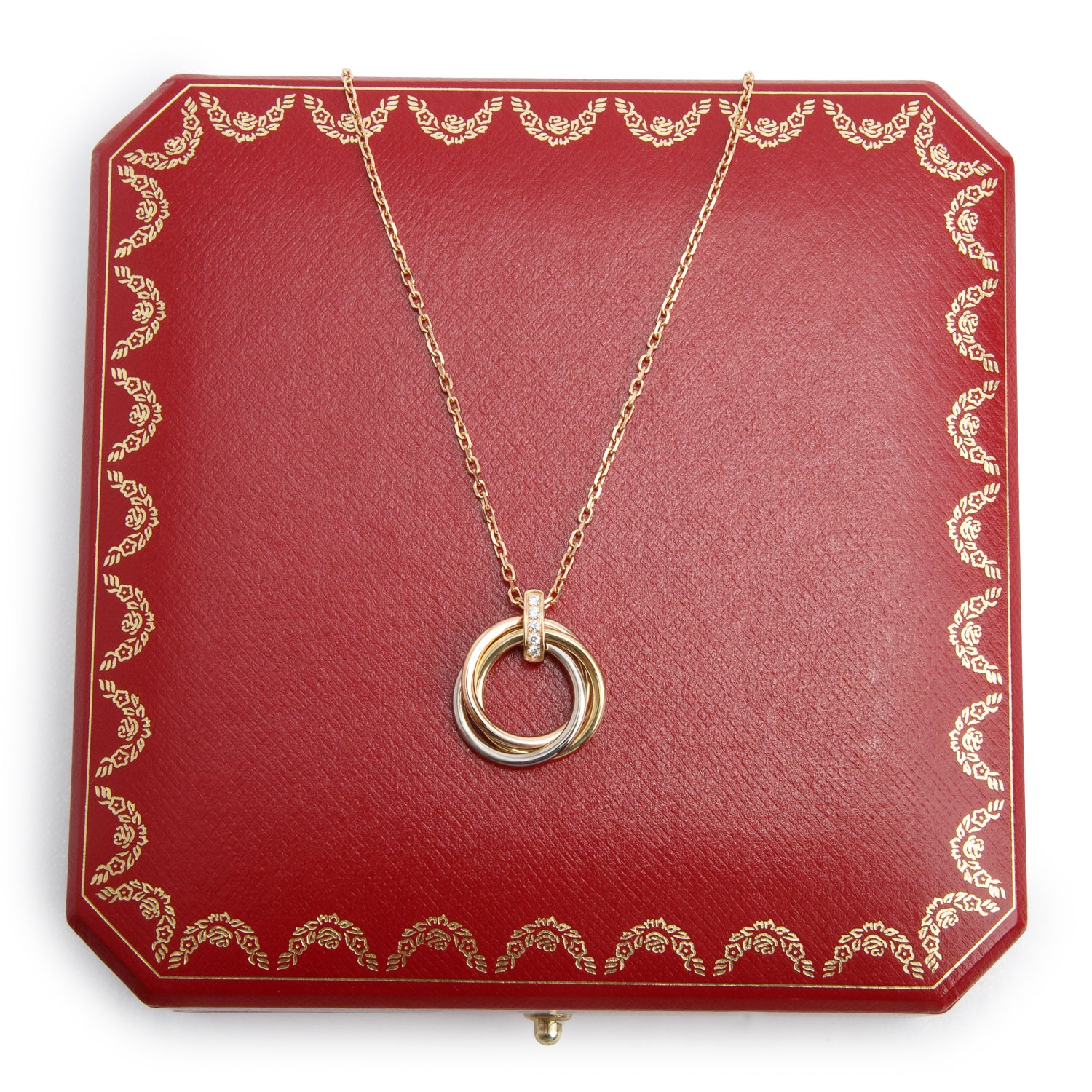 Cartier 18k Yellow, White & Rose Gold Diamond Trinity Pendant Necklace, Medium Model w/ Box & Receipt