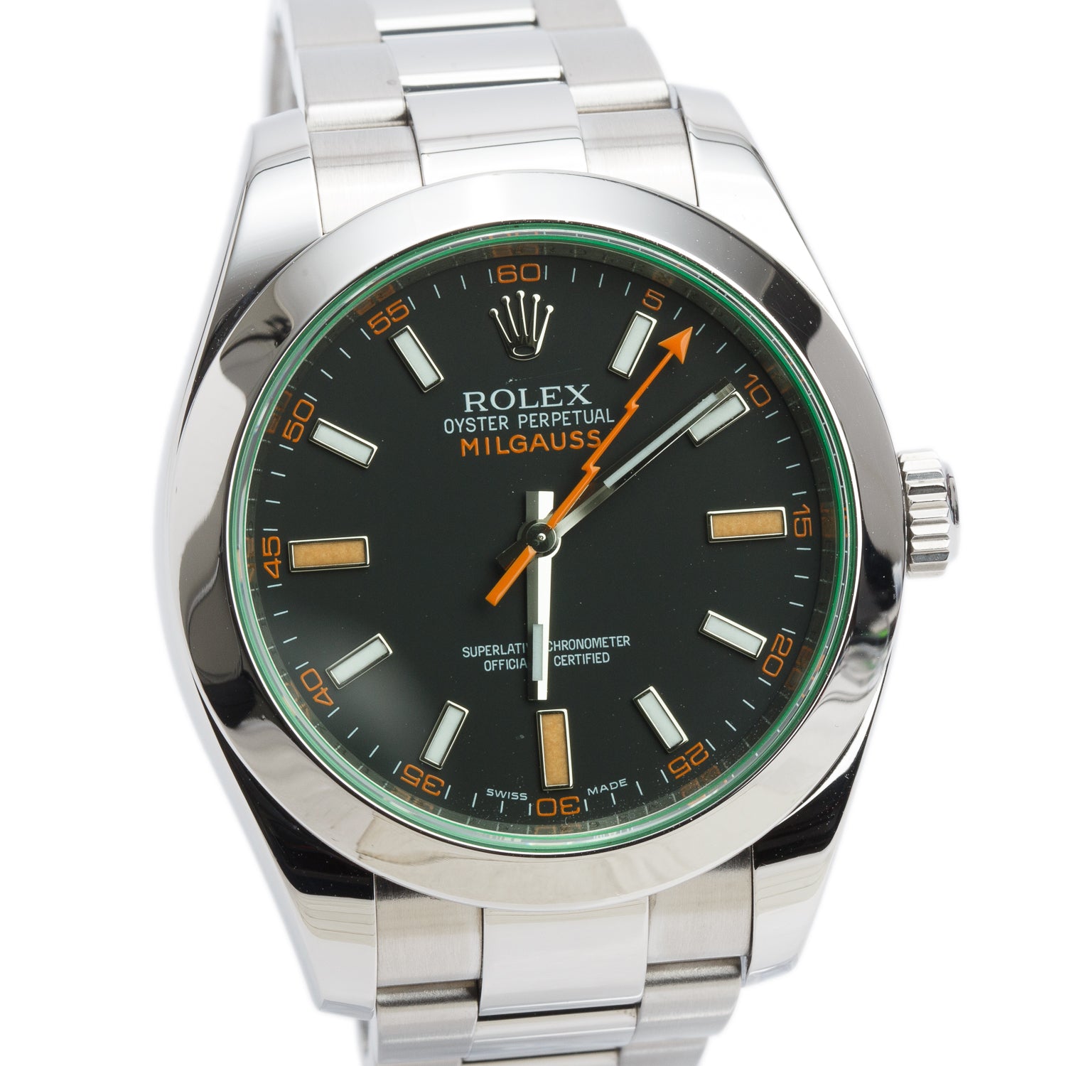 Rolex Stainless Steel Milgauss Green Crystal 40 MM Watch Black Dial 116400GV w/ Box