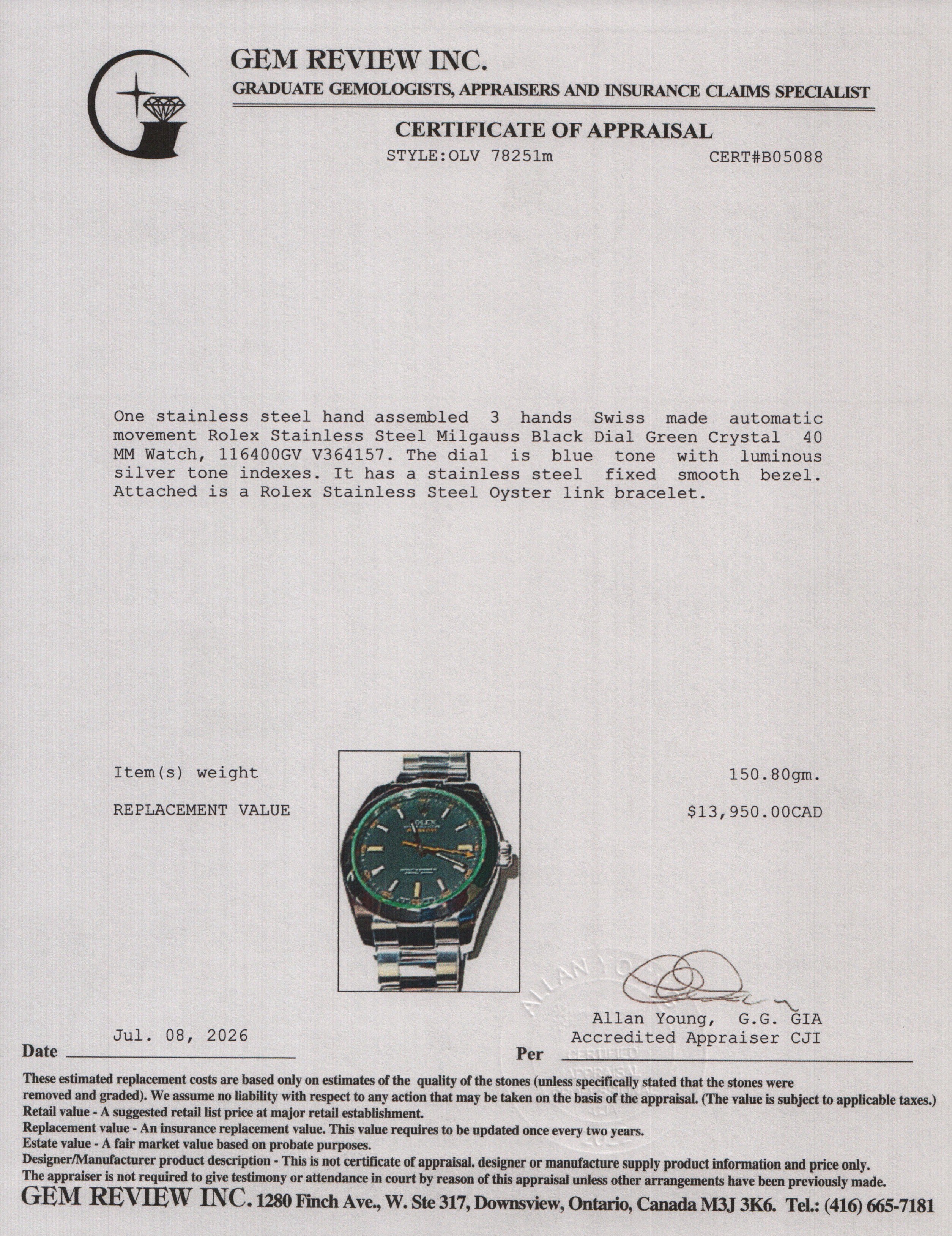 Rolex Stainless Steel Milgauss Green Crystal 40 MM Watch Black Dial 116400GV w/ Box