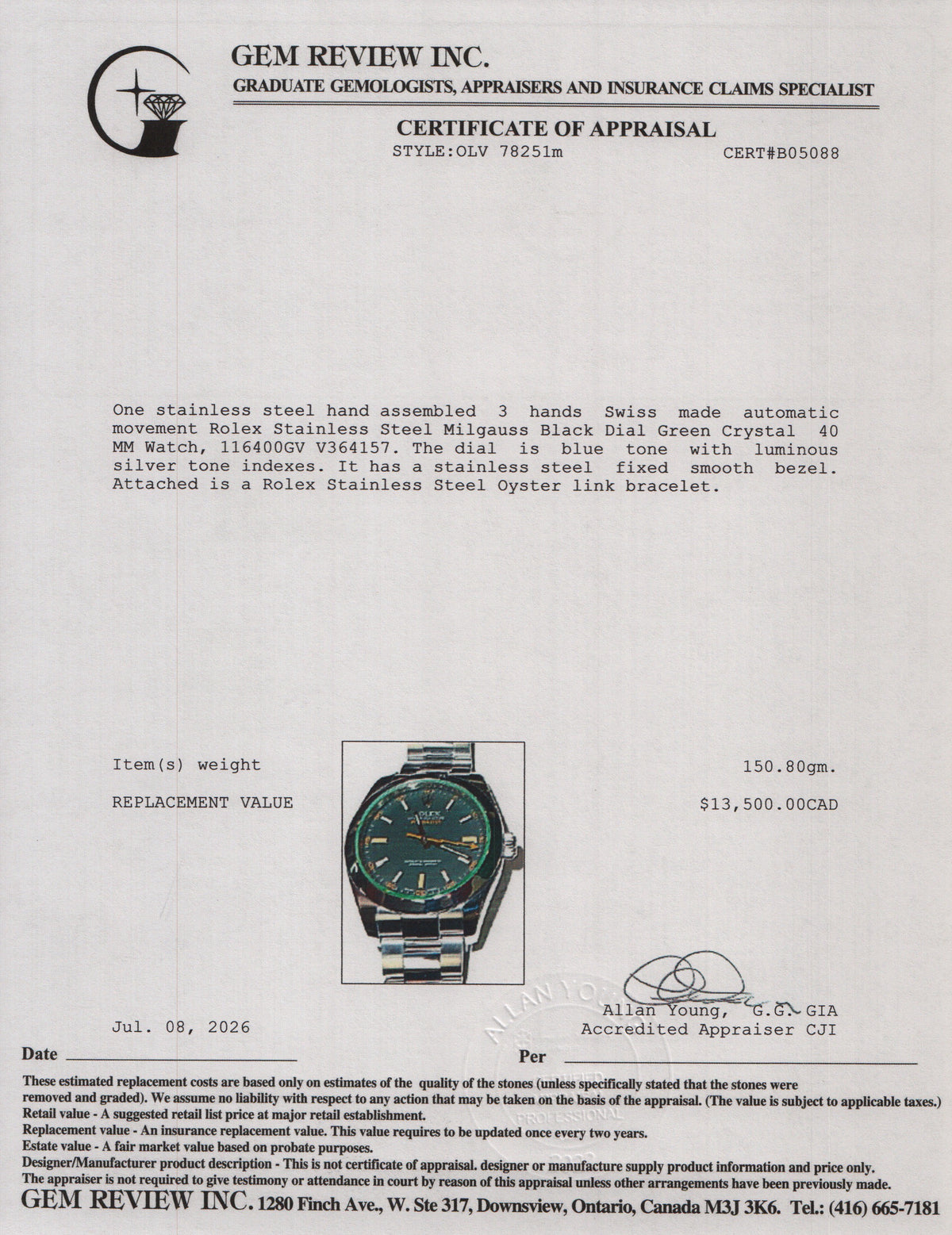 Rolex Stainless Steel Milgauss Green Crystal 40 MM Watch Black Dial 116400GV w/ Box