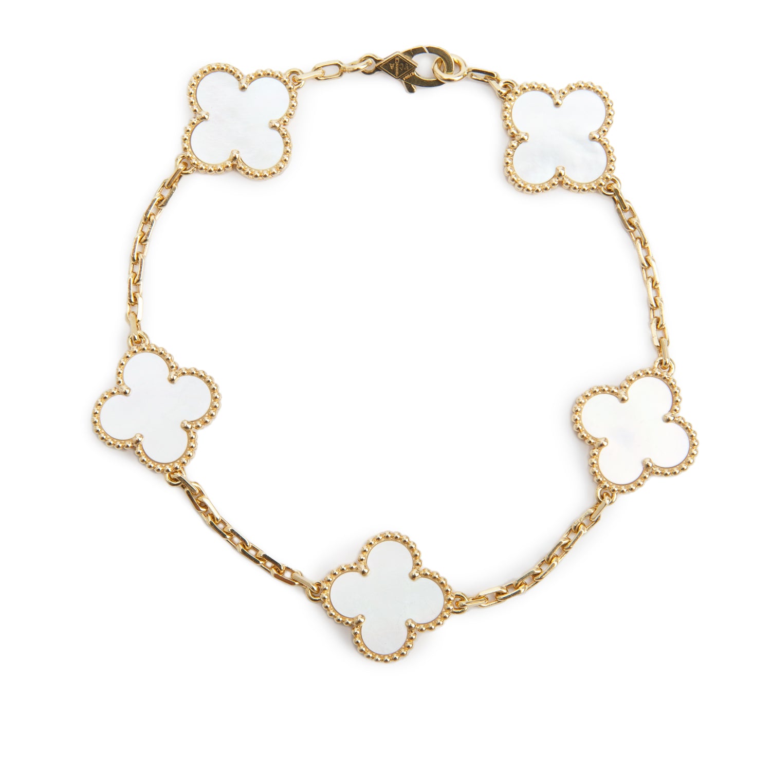 Van Cleef & Arpels 2024 18k Yellow Gold Vintage Alhambra 5 Motif Mother of Pearl Bracelet w/ Box & Certificate
