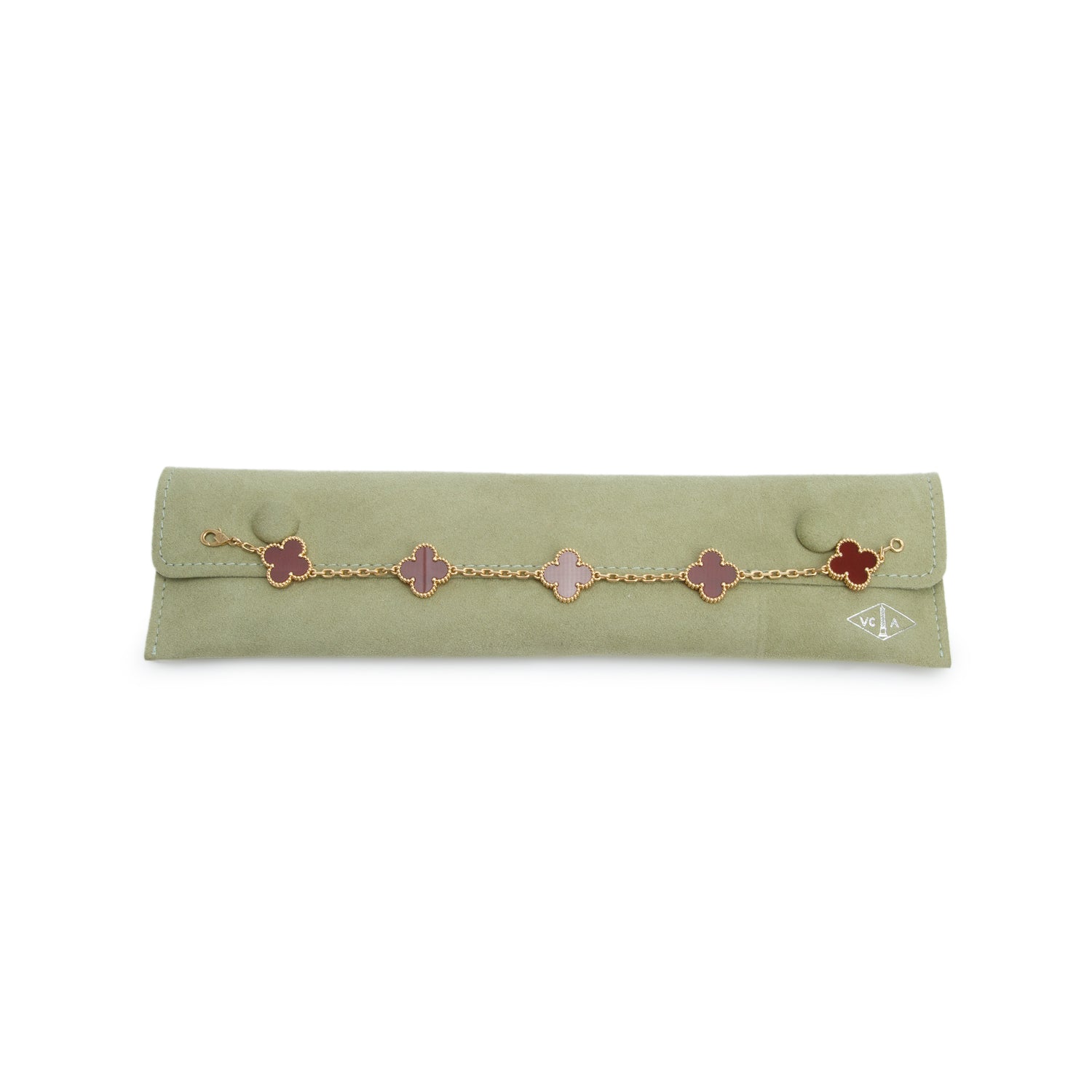 Van Cleef & Arpels 18k Yellow Gold Vintage Alhambra 5 Motif Carnelian Bracelet w/ Pouch & Receipt
