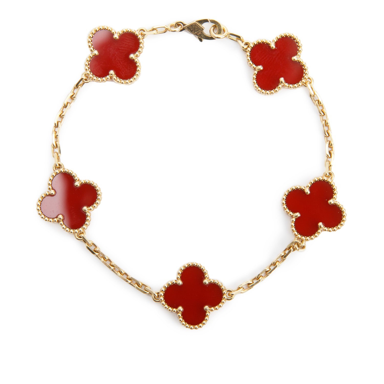 Van Cleef & Arpels 18k Yellow Gold Vintage Alhambra 5 Motif Carnelian Bracelet w/ Pouch & Receipt