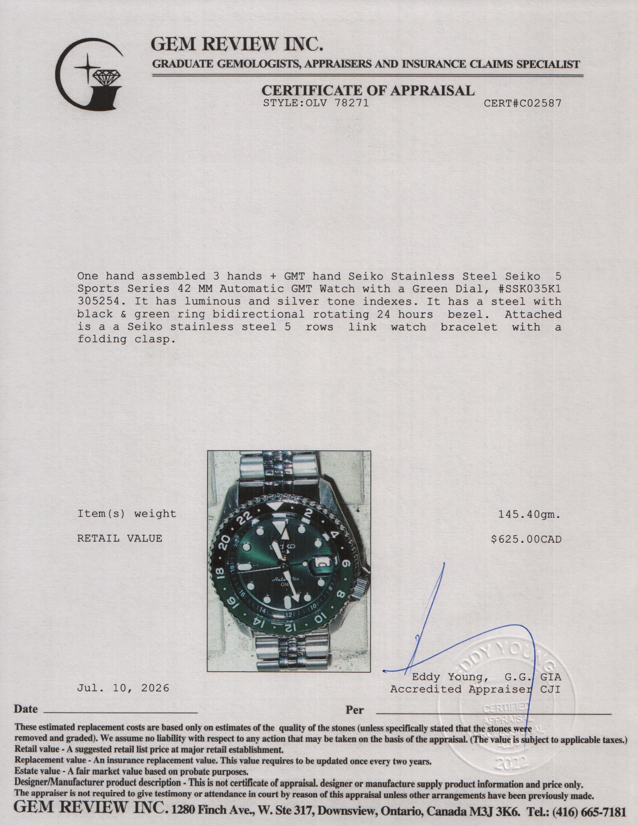 Seiko 2026 Stainless Steel Seiko 5 Sports Series 42 MM Automatic GMT Watch Green Dial SSK035K1 w/ Box & Papers