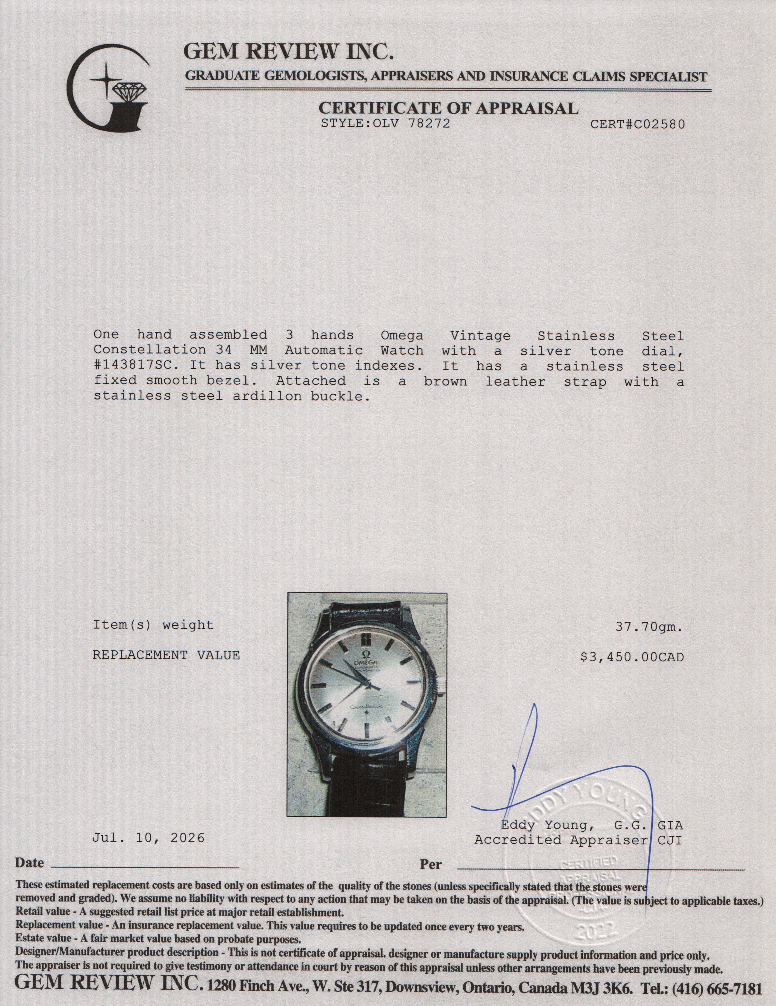 Omega Vintage Stainless Steel Constellation 34 MM Automatic Watch Silver Dial