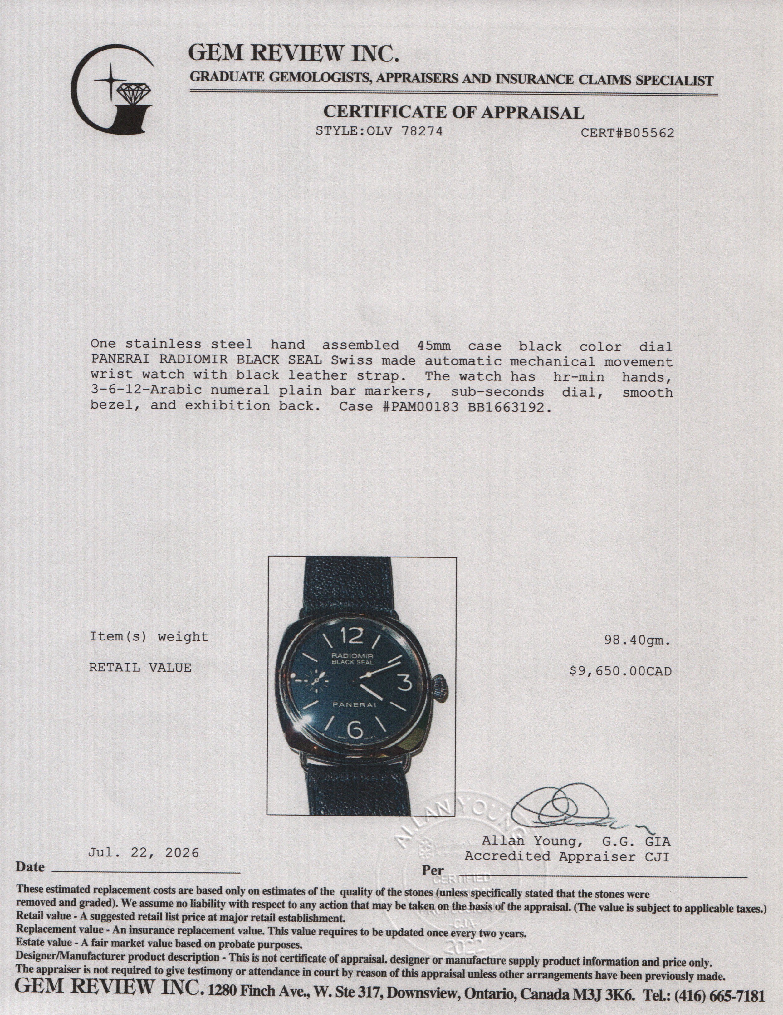 Panerai Stainless Steel Radiomir Black Seal 45 MM Manual Watch Black Dial PAM00183 w/ Box, Papers & Extra Straps