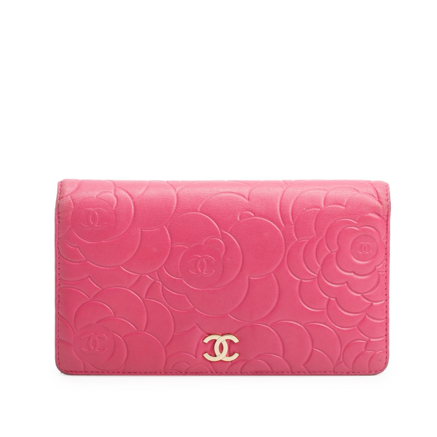 Chanel Pink Lambskin Camellia Embossed Yen Wallet w/ Authenticity Card