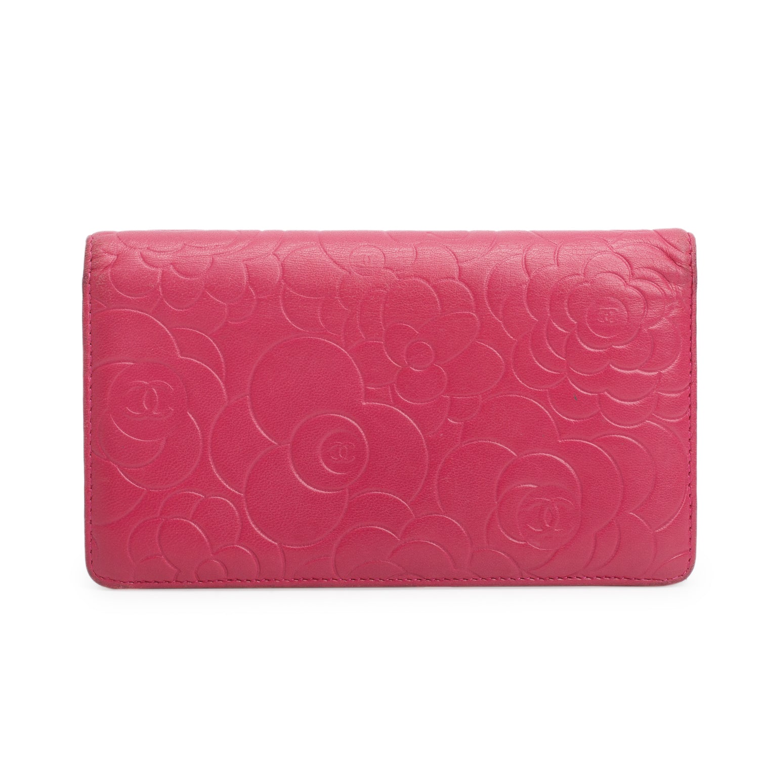 Chanel Pink Lambskin Camellia Embossed Yen Wallet w/ Authenticity Card