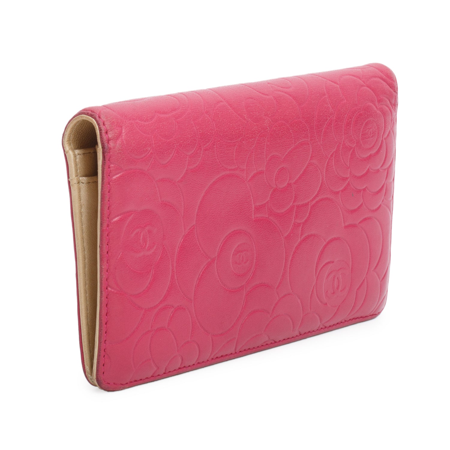 Chanel Pink Lambskin Camellia Embossed Yen Wallet w/ Authenticity Card