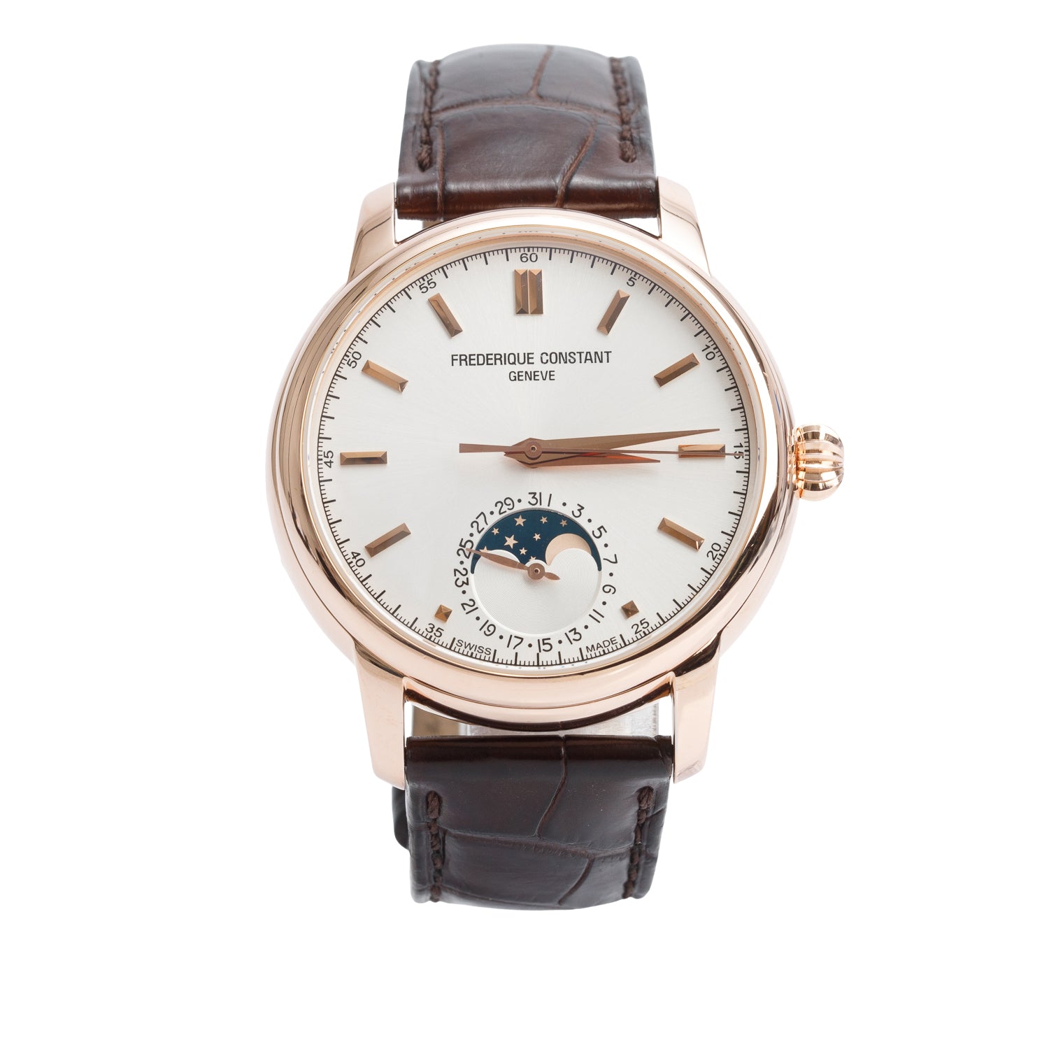 Frederique Constant Rose Gold Plated Stainless Steel Classic Moonphase 40 MM Automatic Watch Silver Dial