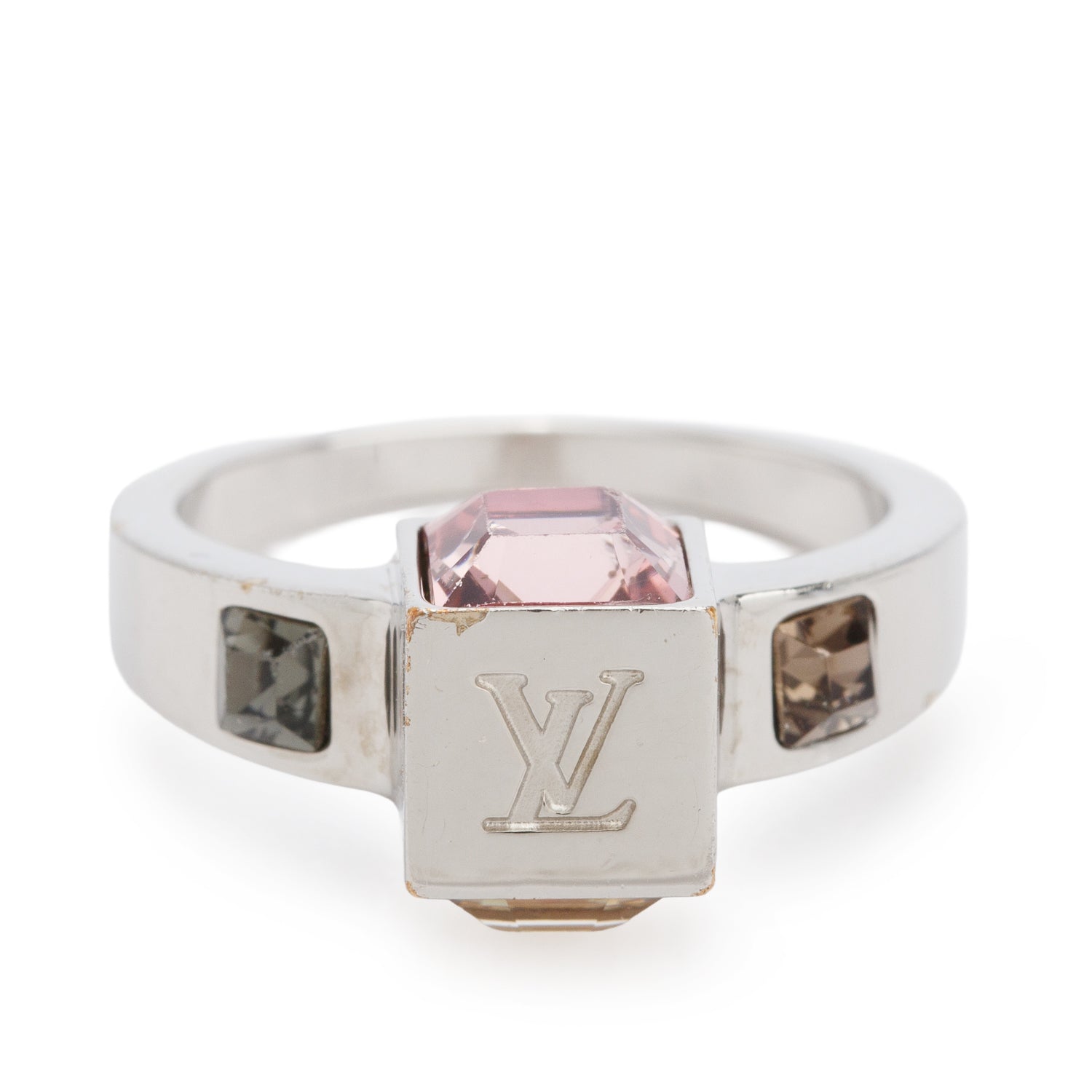 Louis Vuitton Palladium Plated Crystal Gamble Cocktail Ring, Size M 5