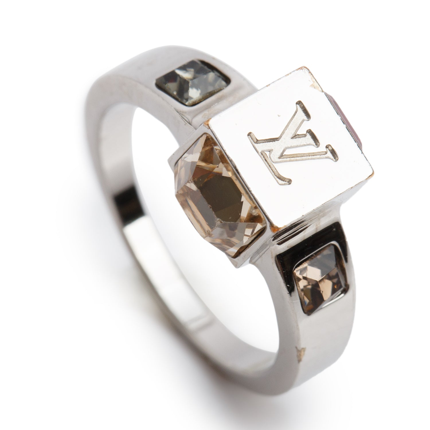 Louis Vuitton Palladium Plated Crystal Gamble Cocktail Ring, Size M 5