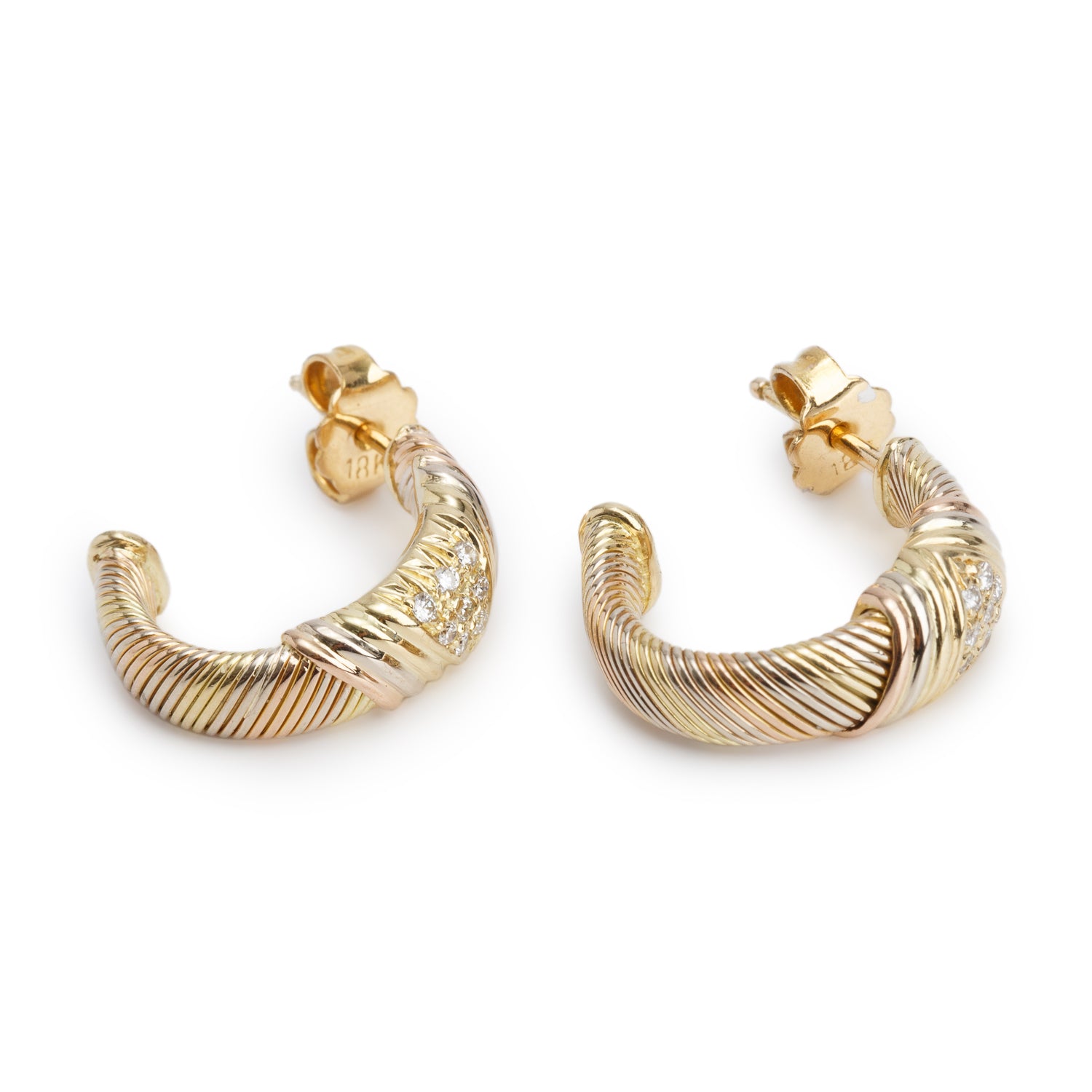 Cartier Vintage 18k Yellow, White & Rose Gold Diamond Trinity Hoop Earrings