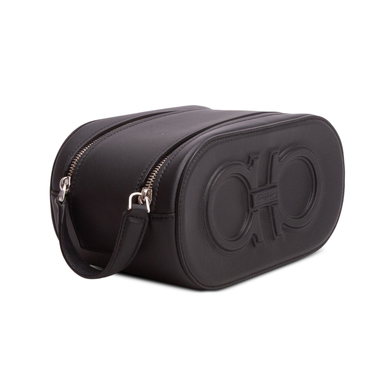 Ferragamo Black Calfskin Leather Double Gancio Toiletry Bag w/ Box