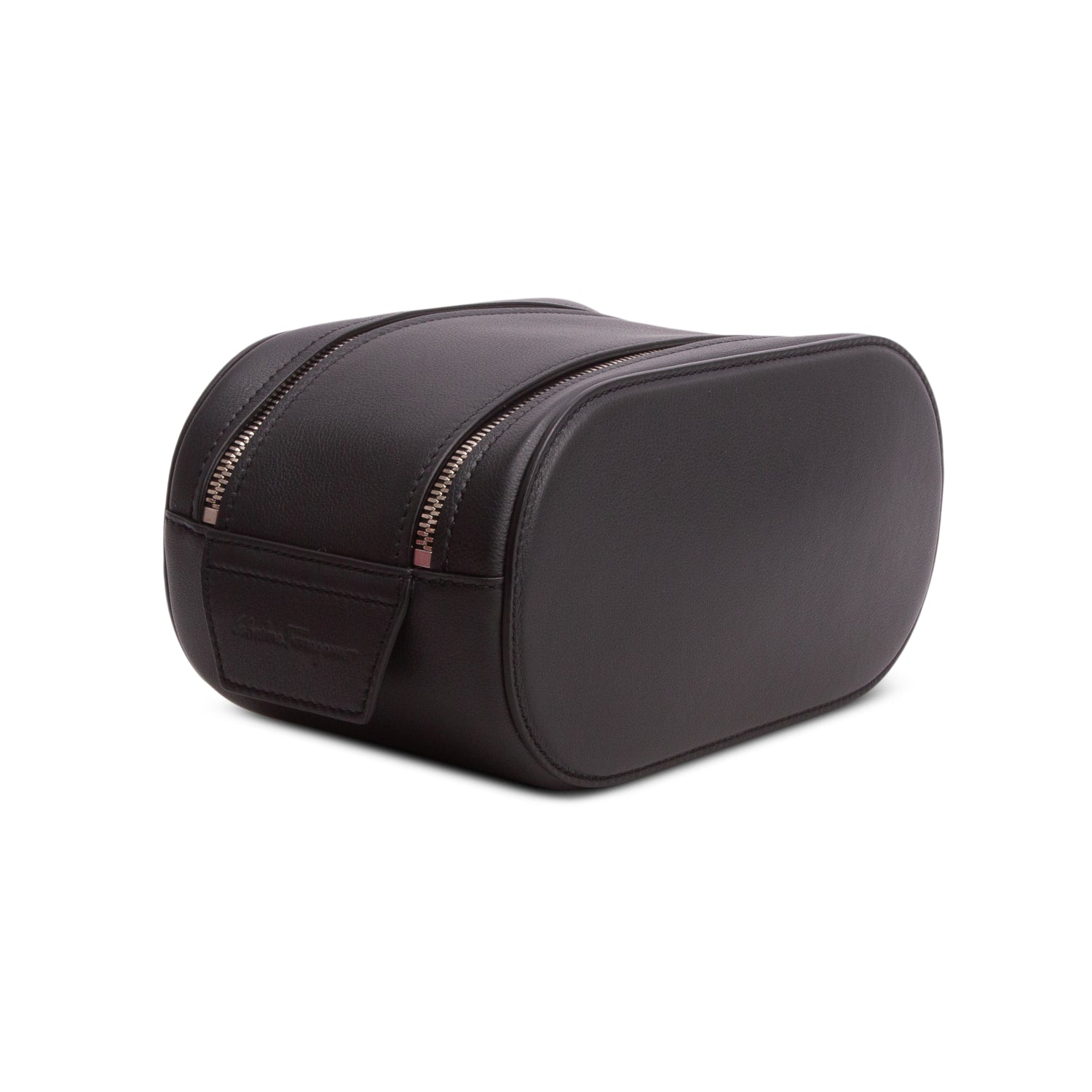 Ferragamo Black Calfskin Leather Double Gancio Toiletry Bag w/ Box